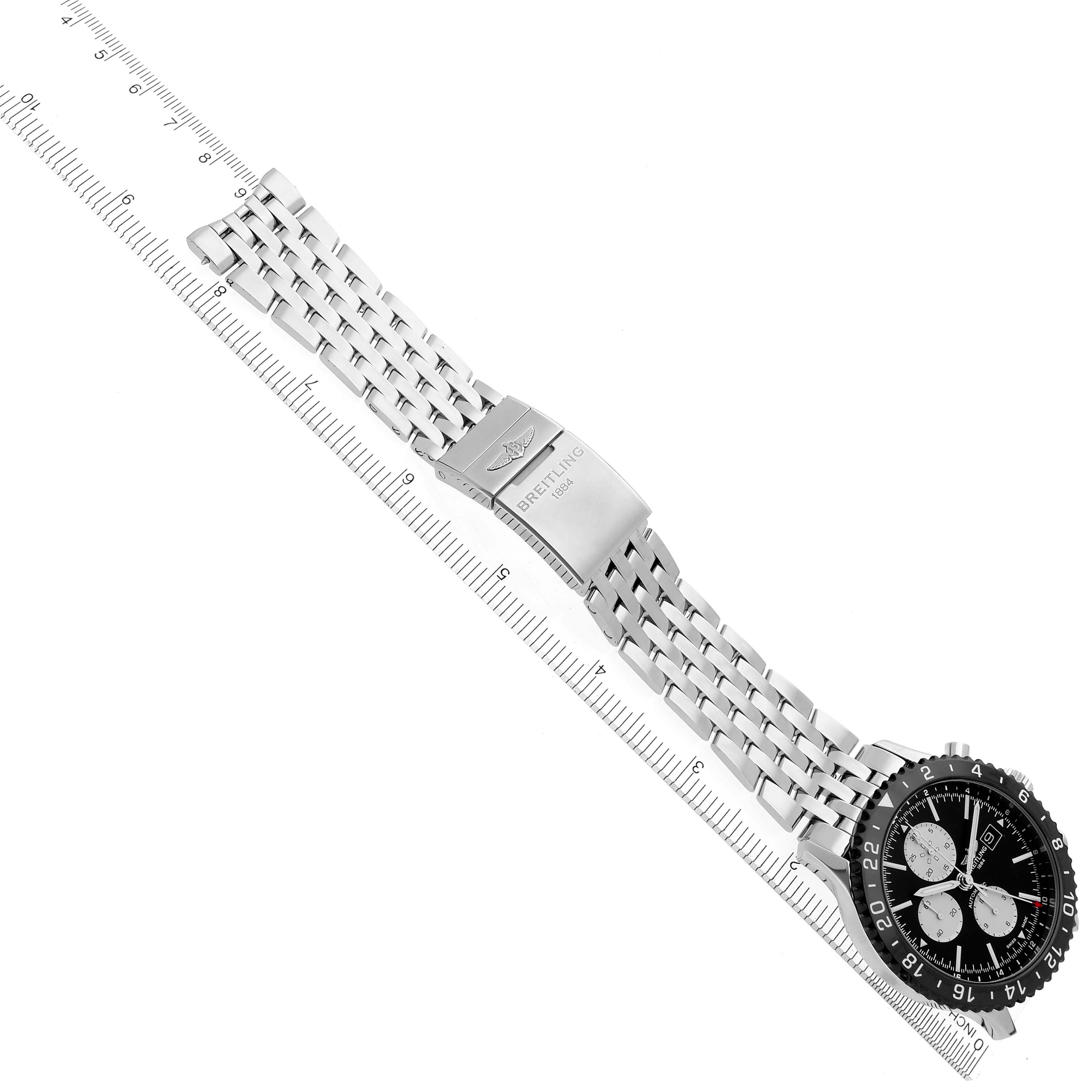 The Breitling Chronoliner Y2431012/BE10 Men's Stainless Steel Black Dial Y2431012/BE10 Men's Stainless Steel Black Dial watch is shown at an angle, showcasing the face, bracelet, and clasp.