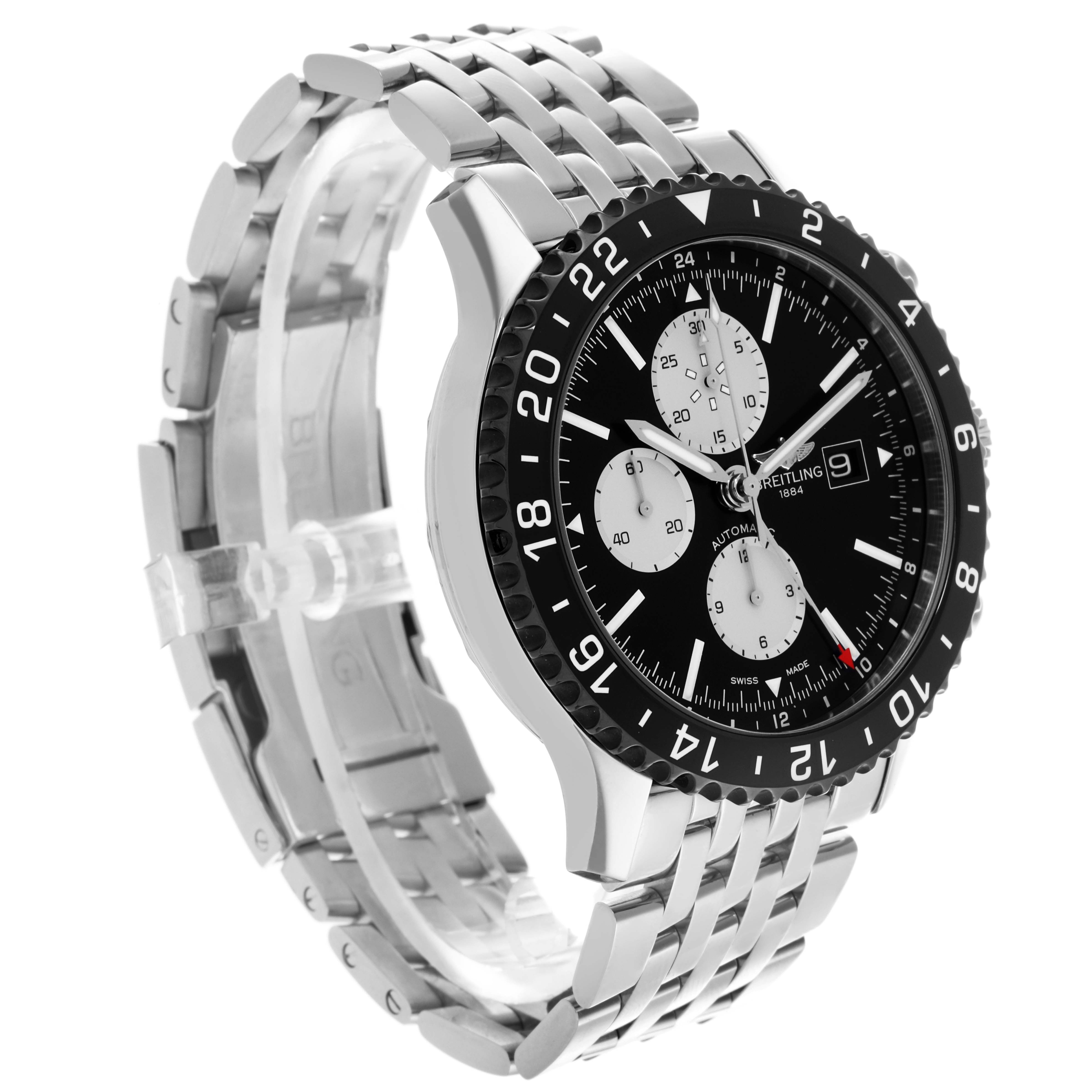 The Breitling Chronoliner Y2431012/BE10 Men's Stainless Steel Black Dial Y2431012/BE10 Men's Stainless Steel Black Dial watch is shown from a front-side angle, highlighting the dial, bezel, and stainless steel bracelet.