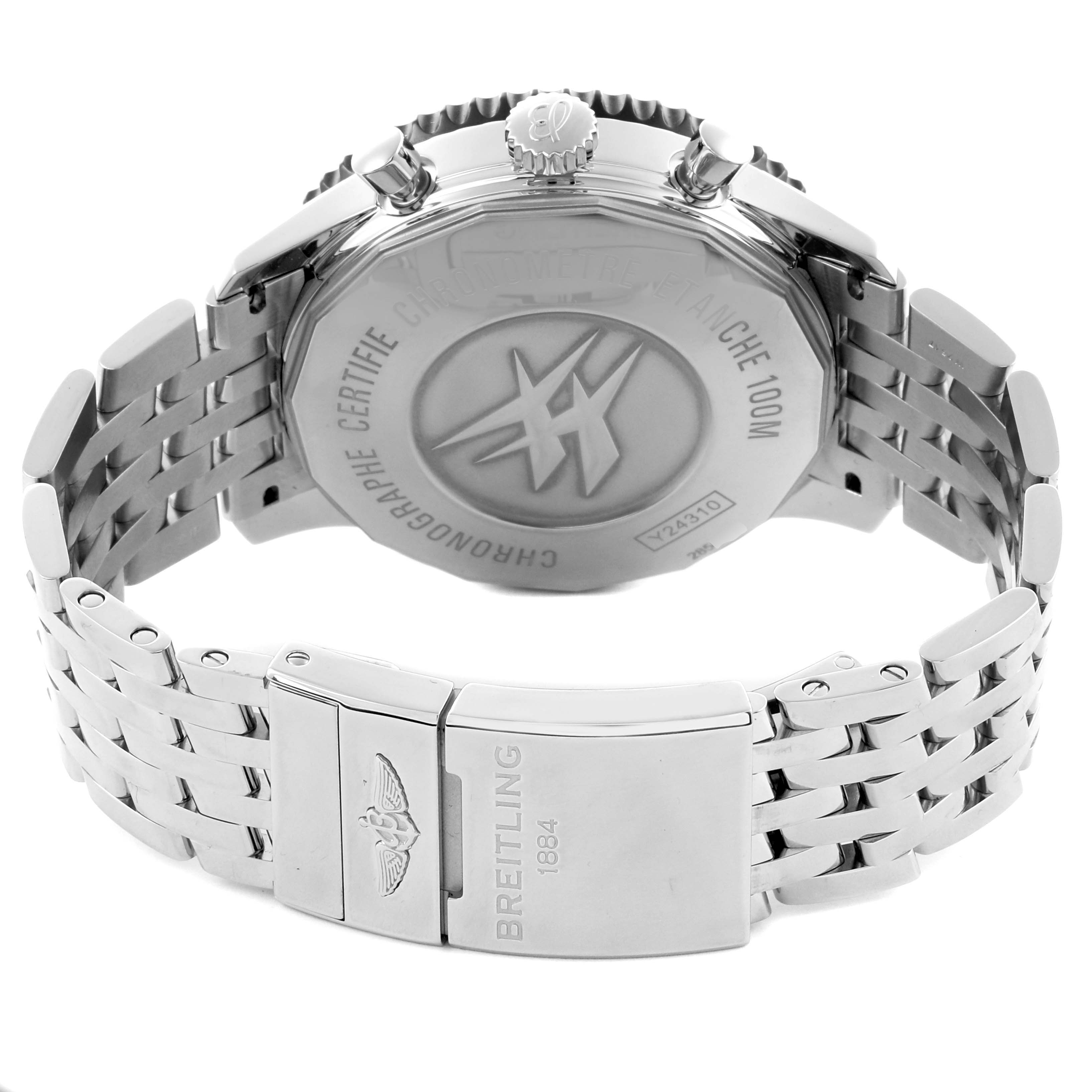 The image shows the back of the Breitling Chronoliner Y2431012/BE10 Men's Stainless Steel Black Dial Y2431012/BE10 Men's Stainless Steel Black Dial watch, featuring the bracelet and clasp with branding.