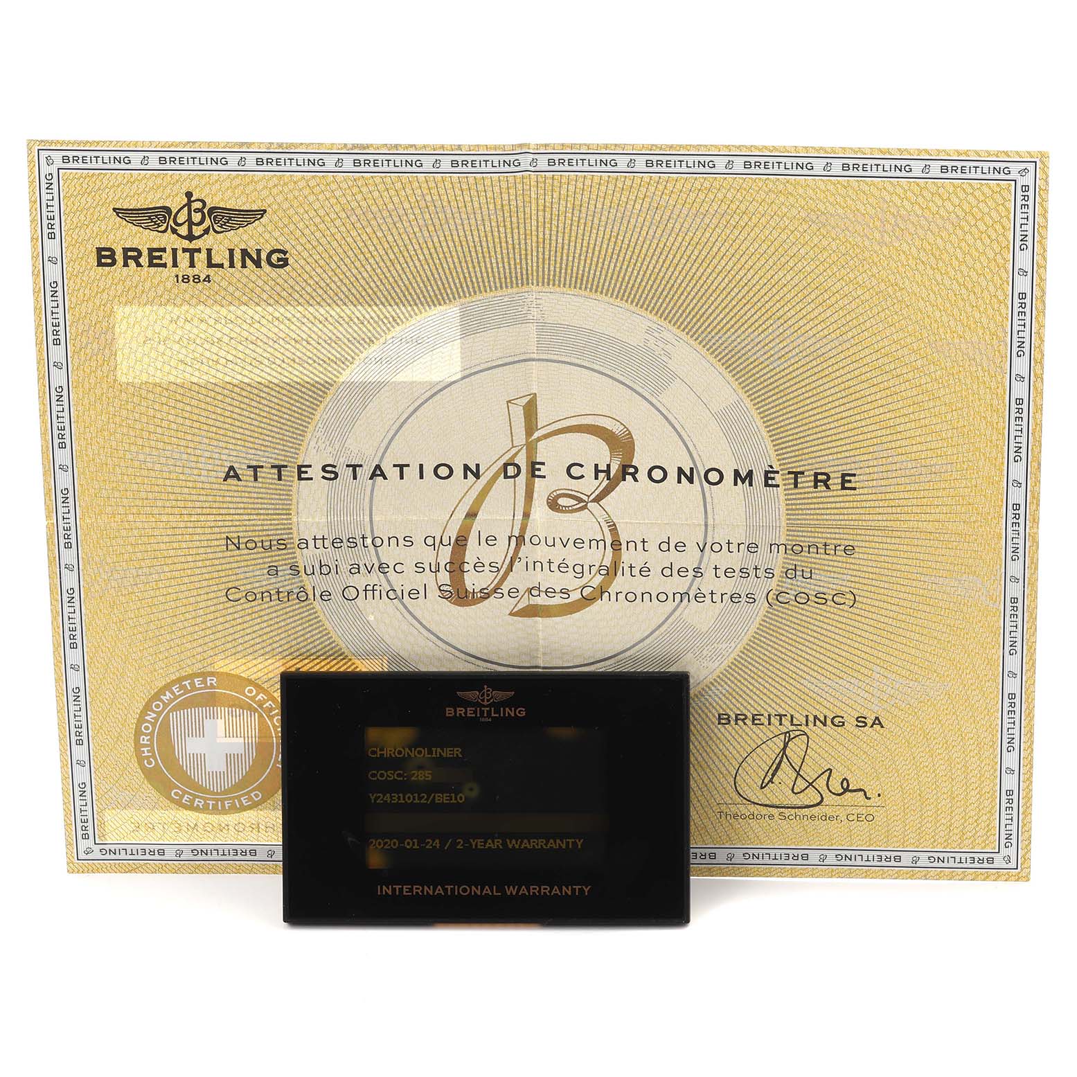 The image shows the documentation and warranty card for the Breitling Chronoliner Y2431012/BE10 Men's Stainless Steel Black Dial Y2431012/BE10 Men's Stainless Steel Black Dial model.