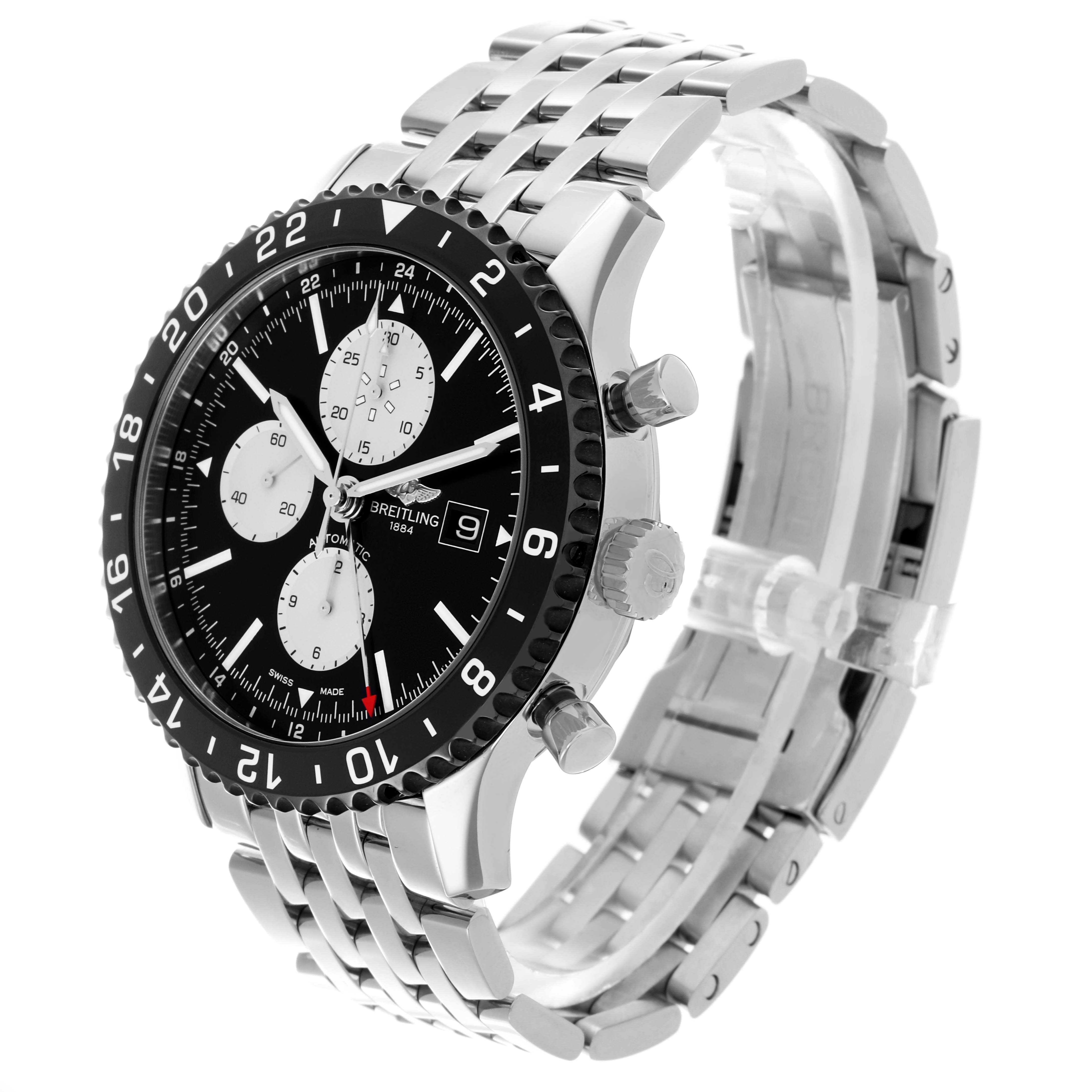 The image shows a Breitling Chronoliner Y2431012/BE10 Men's Stainless Steel Black Dial Y2431012/BE10 Men's Stainless Steel Black Dial watch at a three-quarter angle, highlighting its face, bezel, and metal bracelet.