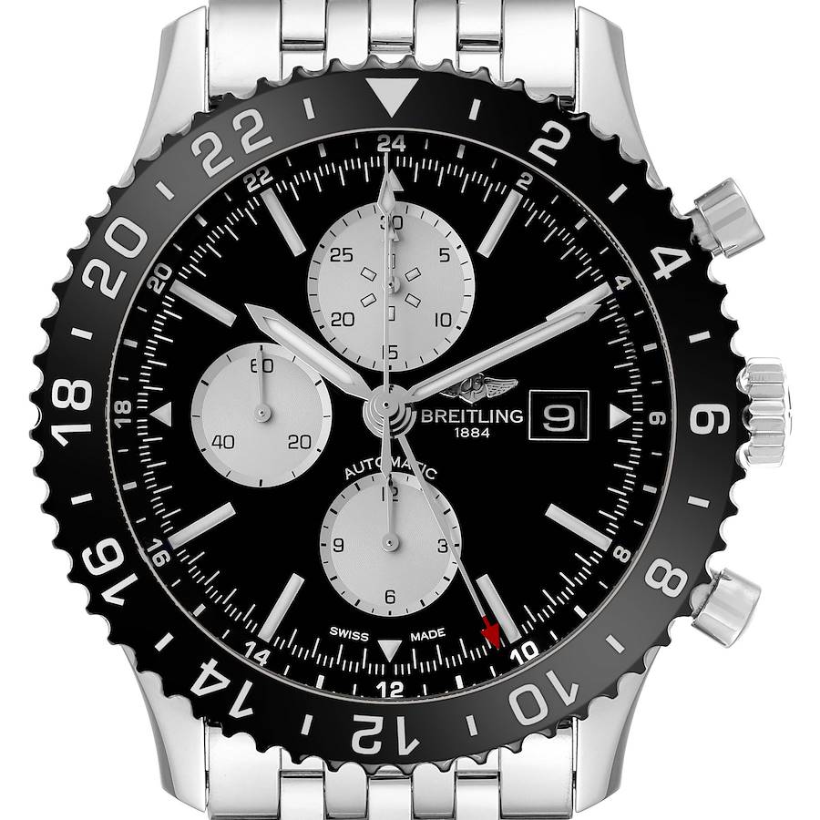 The Breitling Chronoliner watch is shown from a front angle, highlighting the bezel, dial, subdials, and bracelet.