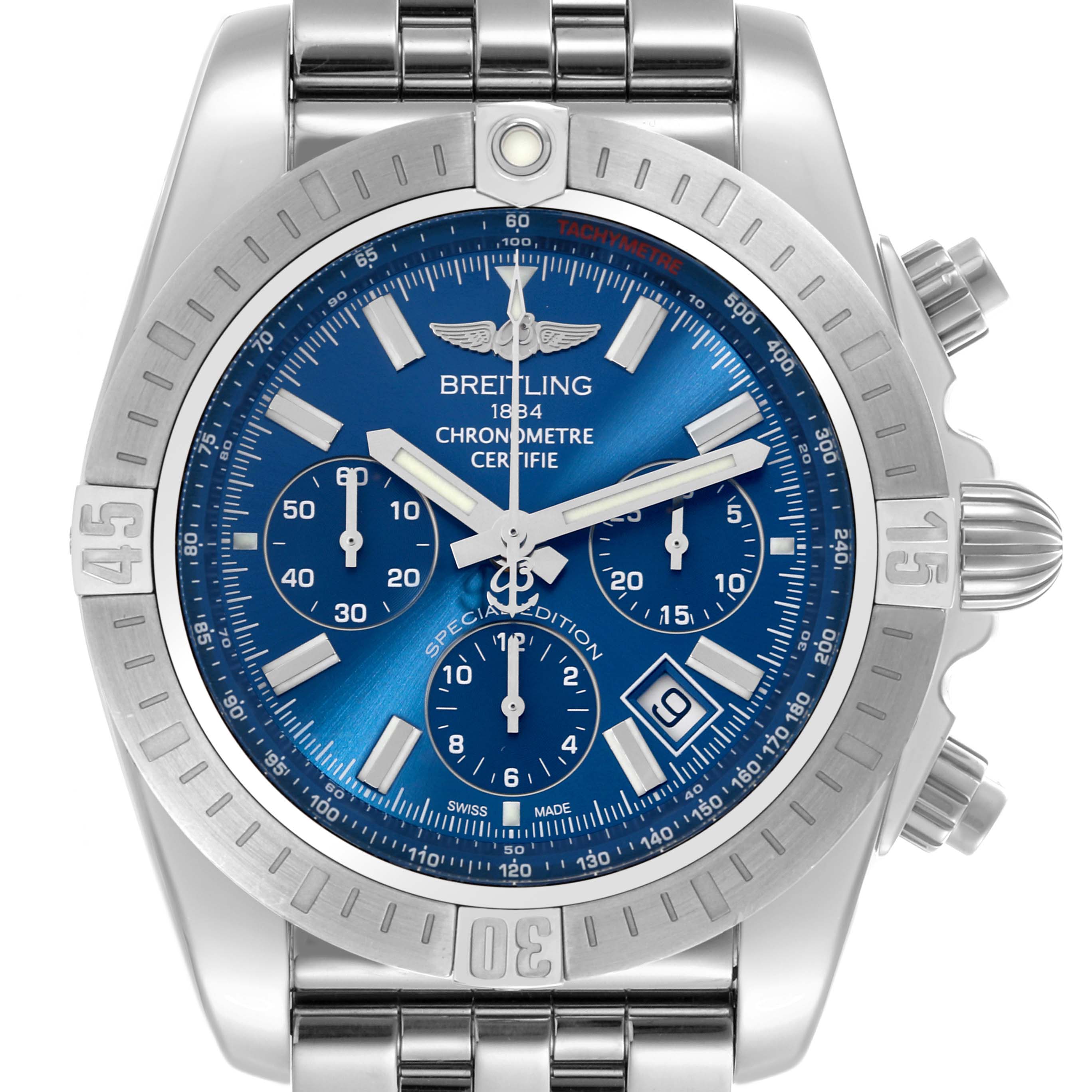 The Breitling Chronomat AB0115 Men's Stainless Steel Blue Dial AB0115 Men's Stainless Steel Blue Dial watch is shown from a front angle, displaying its blue dial, bezel, and bracelet.