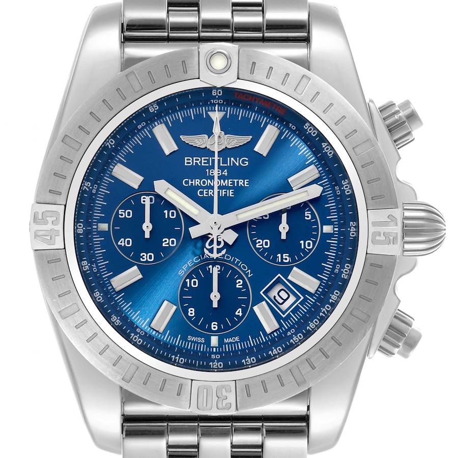 The Breitling Chronomat watch is shown from a front angle, displaying its blue dial, bezel, and bracelet.