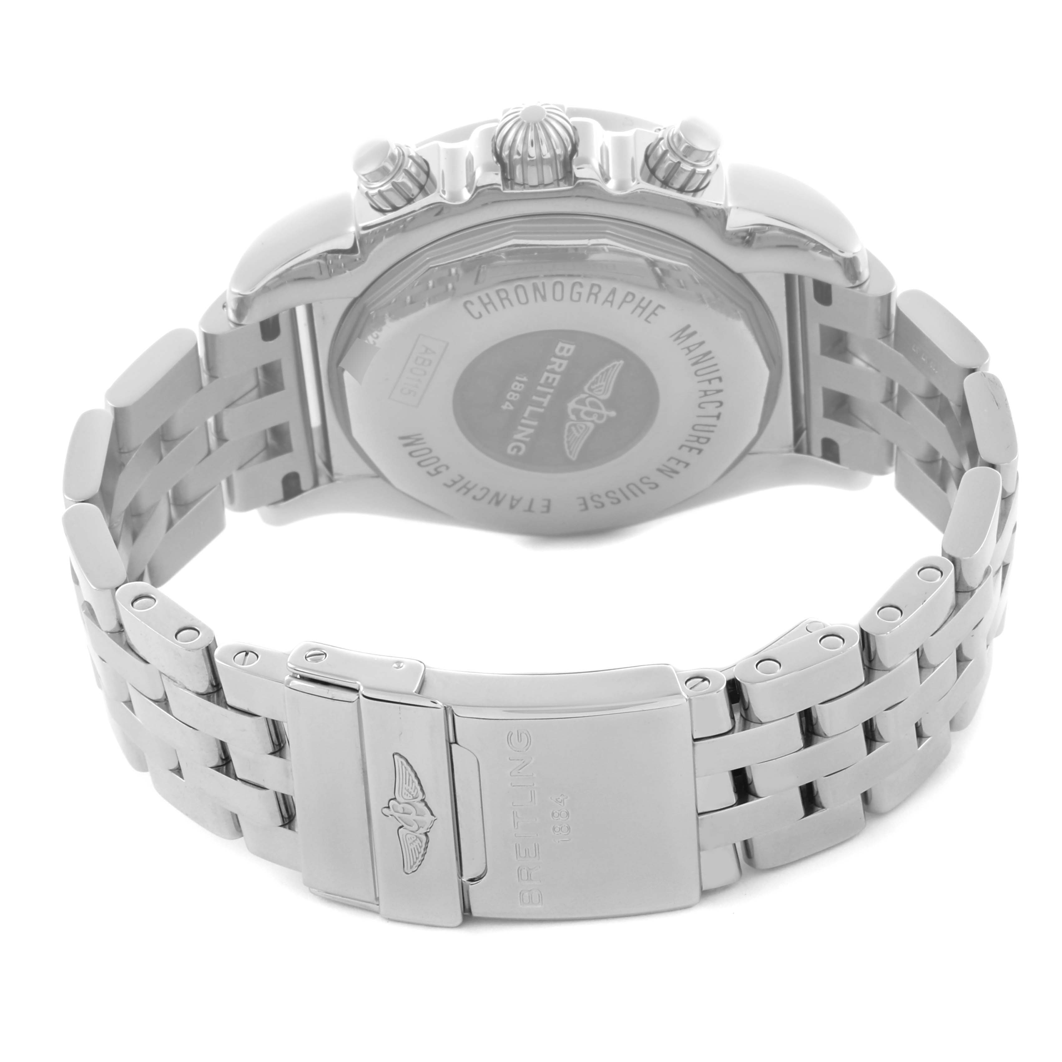 The image shows the back and bracelet clasp of a Breitling Chronomat AB0115 Men's Stainless Steel Blue Dial AB0115 Men's Stainless Steel Blue Dial watch, highlighting the case back and stainless steel bracelet.