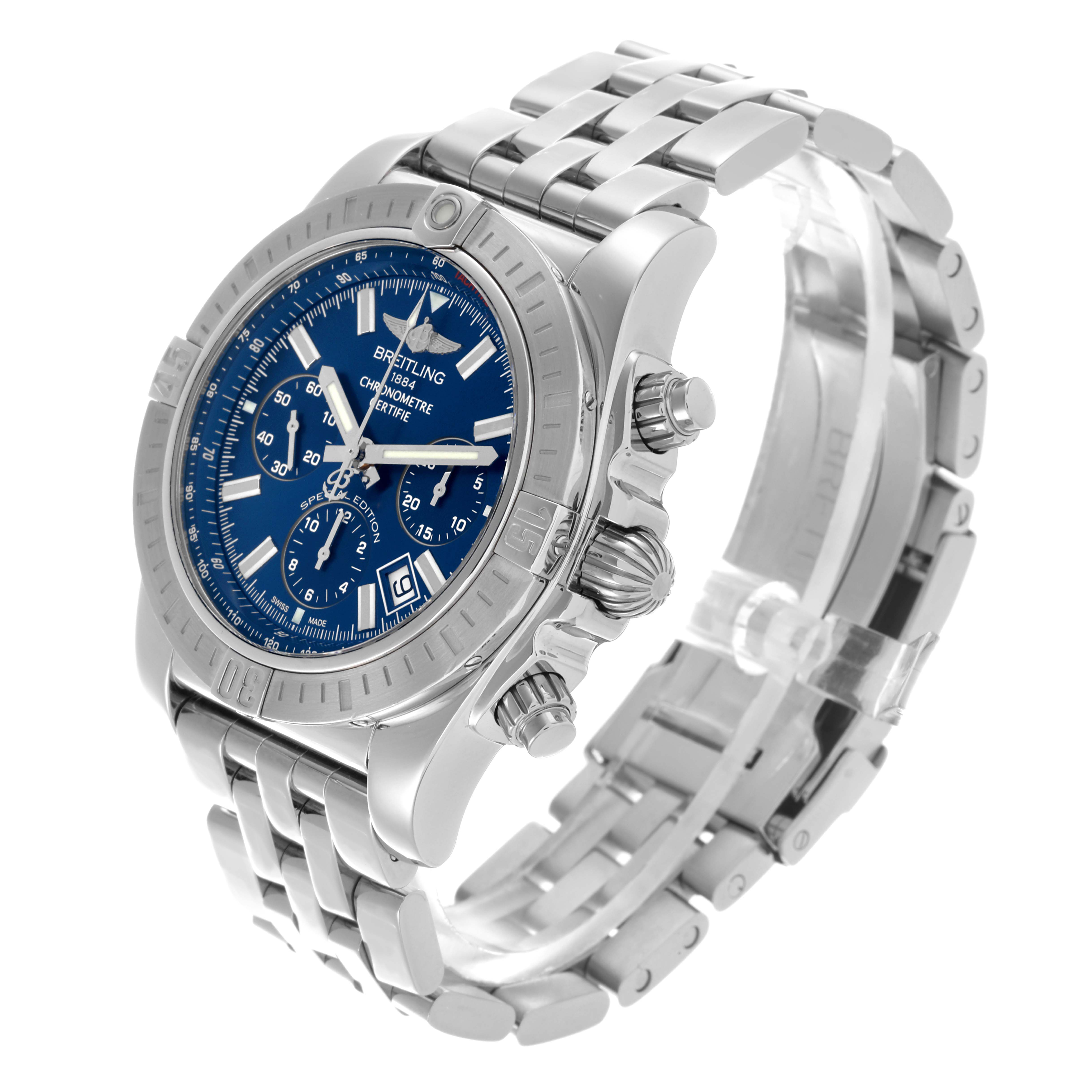 The Breitling Chronomat AB0115 Men's Stainless Steel Blue Dial AB0115 Men's Stainless Steel Blue Dial watch is angled to show the blue dial, bezel, crown, pushers, and bracelet.