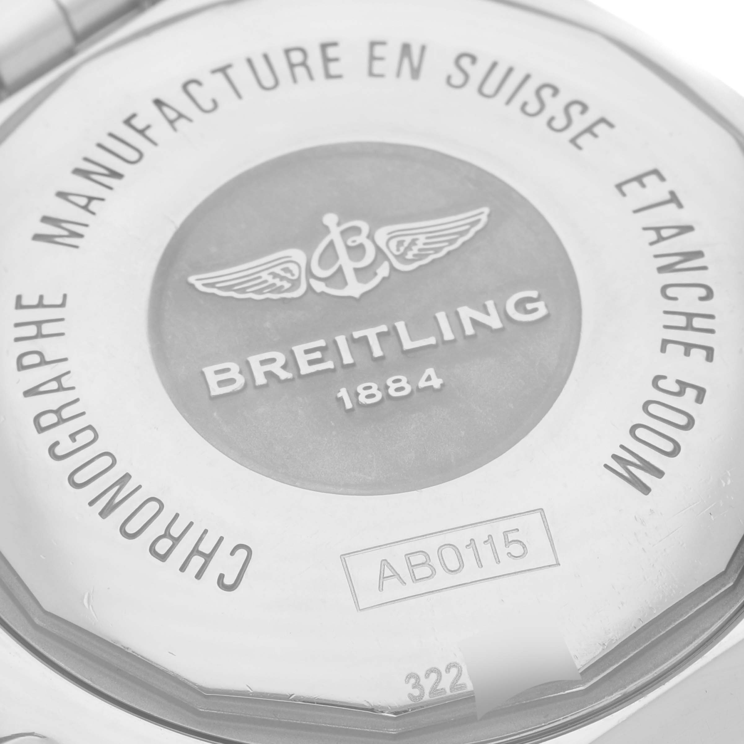 The image shows the back case of a Breitling Chronomat AB0115 Men's Stainless Steel Blue Dial AB0115 Men's Stainless Steel Blue Dial watch from a top-down angle.