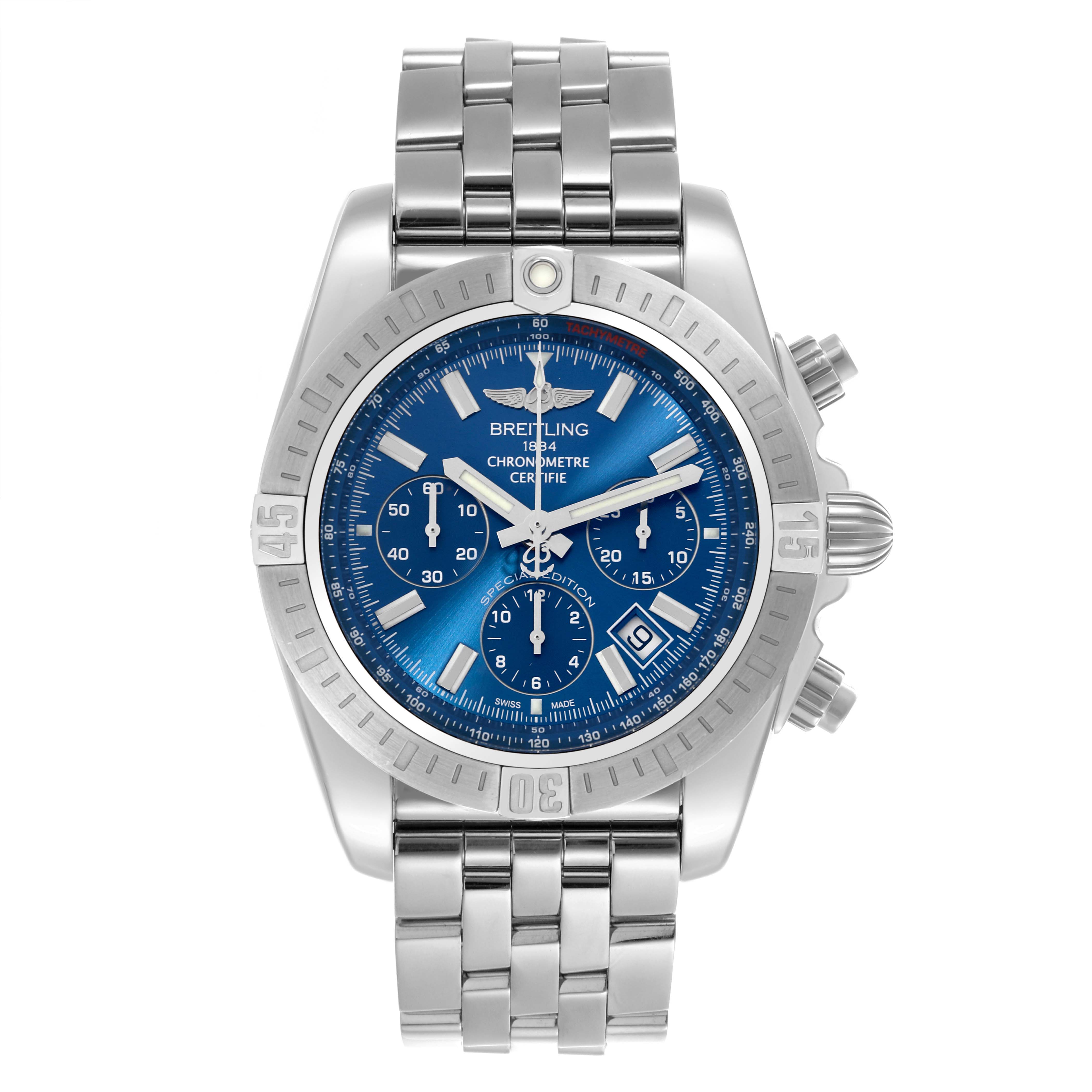 The Breitling Chronomat AB0115 Men's Stainless Steel Blue Dial AB0115 Men's Stainless Steel Blue Dial watch is shown from a front angle, displaying its face, bracelet, and side pushers.