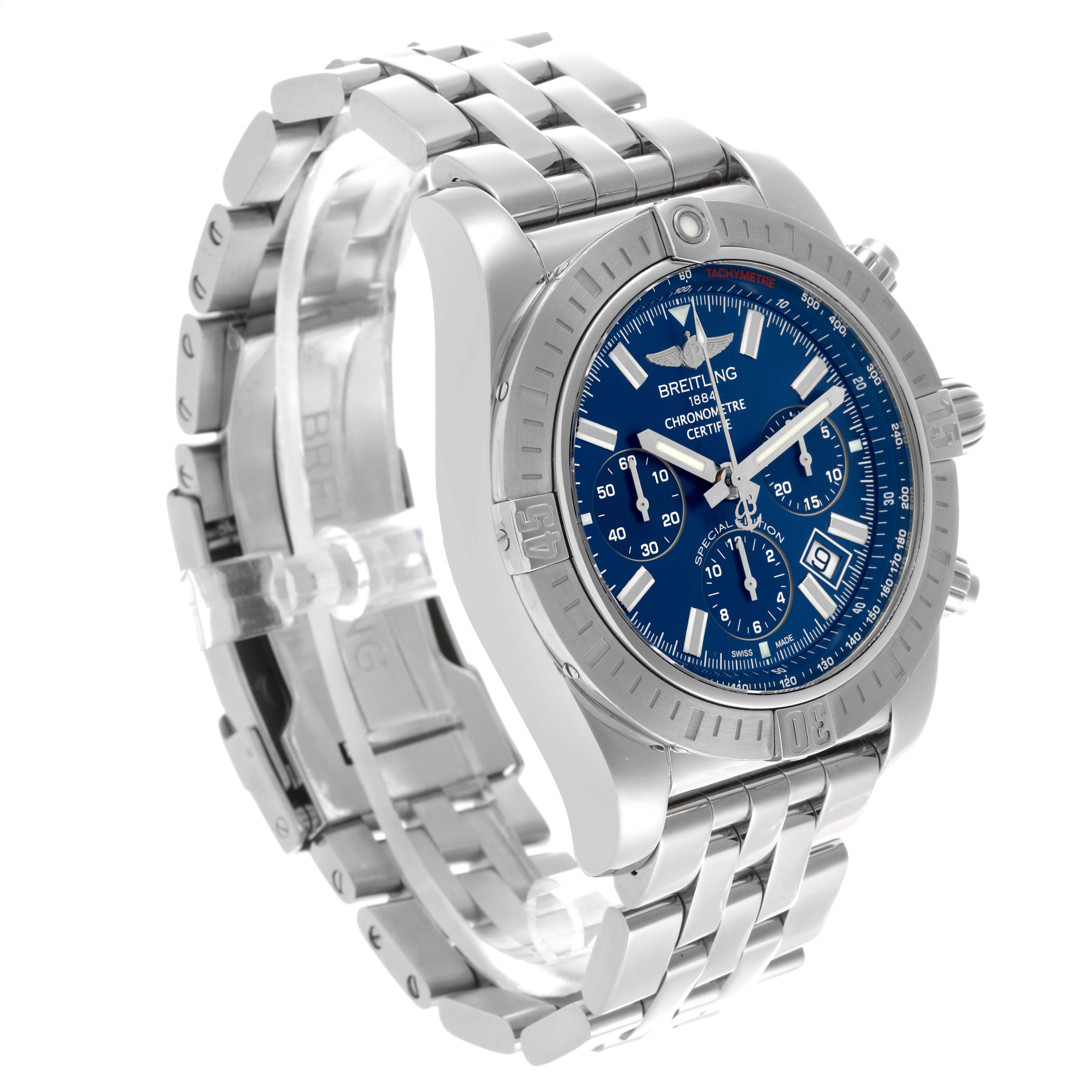 The Breitling Chronomat AB0115 Men's Stainless Steel Blue Dial AB0115 Men's Stainless Steel Blue Dial watch is shown at a three-quarter angle highlighting the bezel, dial, and metal bracelet.
