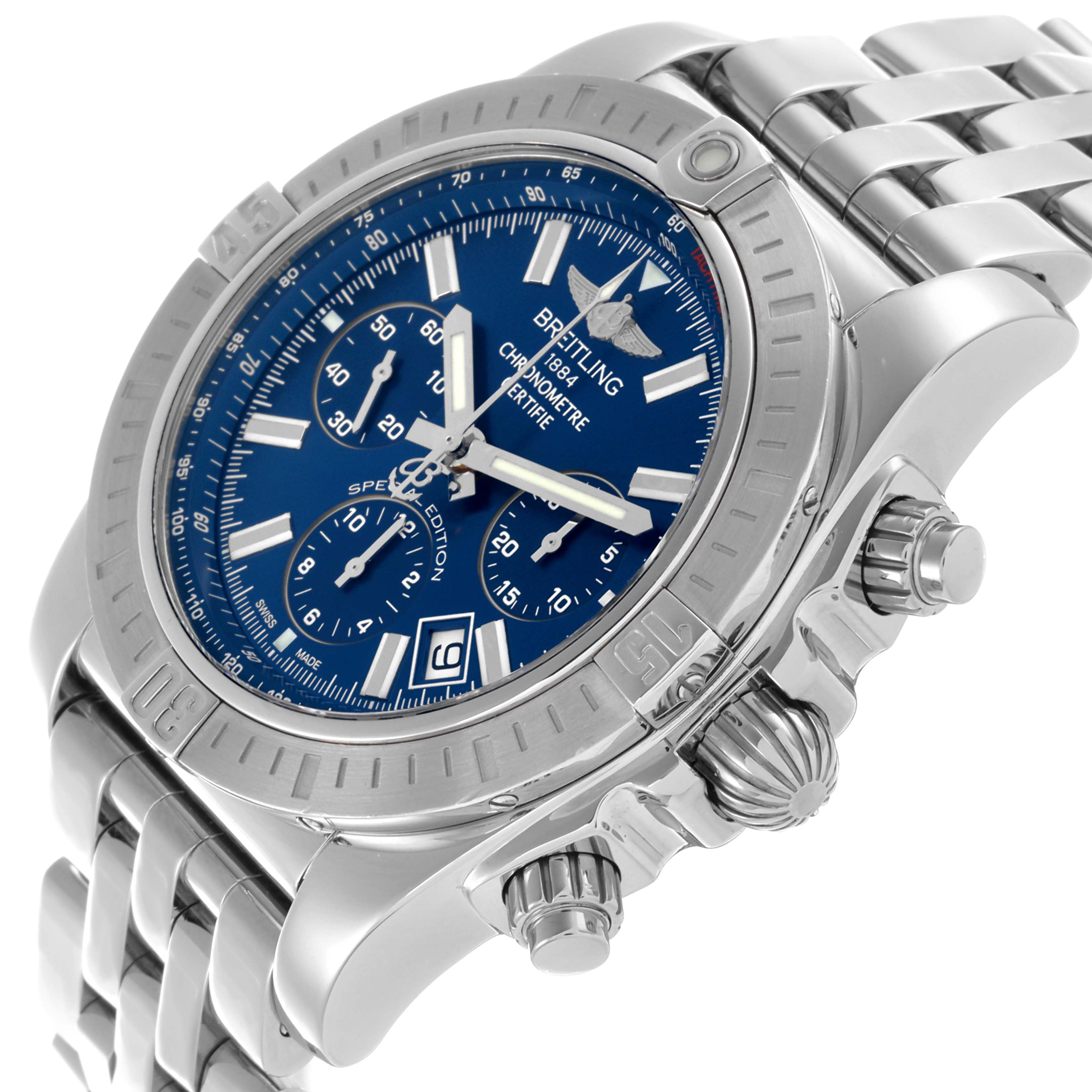 The Breitling Chronomat AB0115 Men's Stainless Steel Blue Dial AB0115 Men's Stainless Steel Blue Dial watch is shown at a slight side angle, highlighting the case, bezel, crown, and bracelet.