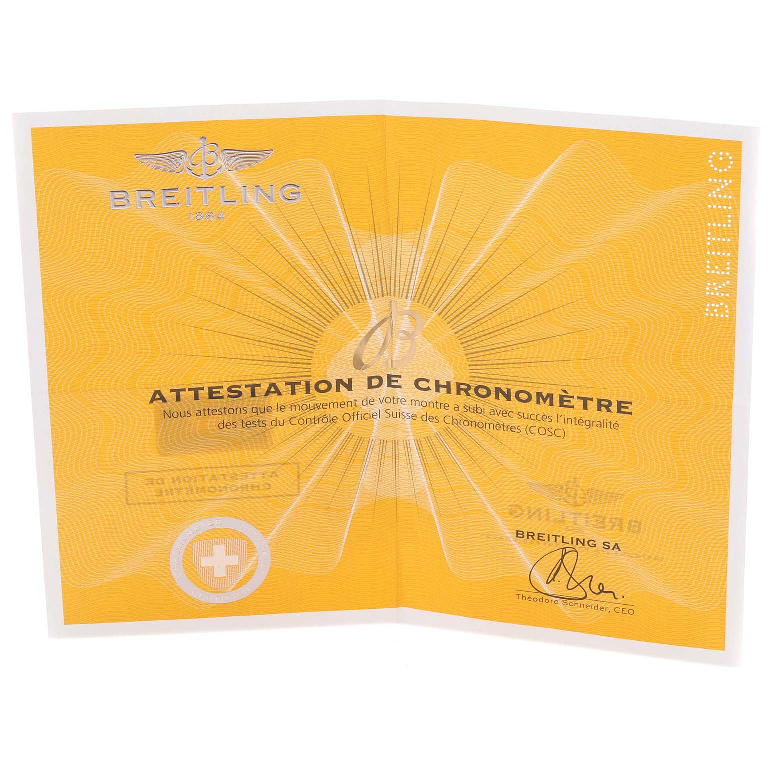 The image shows a yellow "Attestation de Chronomètre" certificate for the Breitling Chronomat AB0115 Men's Stainless Steel Blue Dial AB0115 Men's Stainless Steel Blue Dial model.