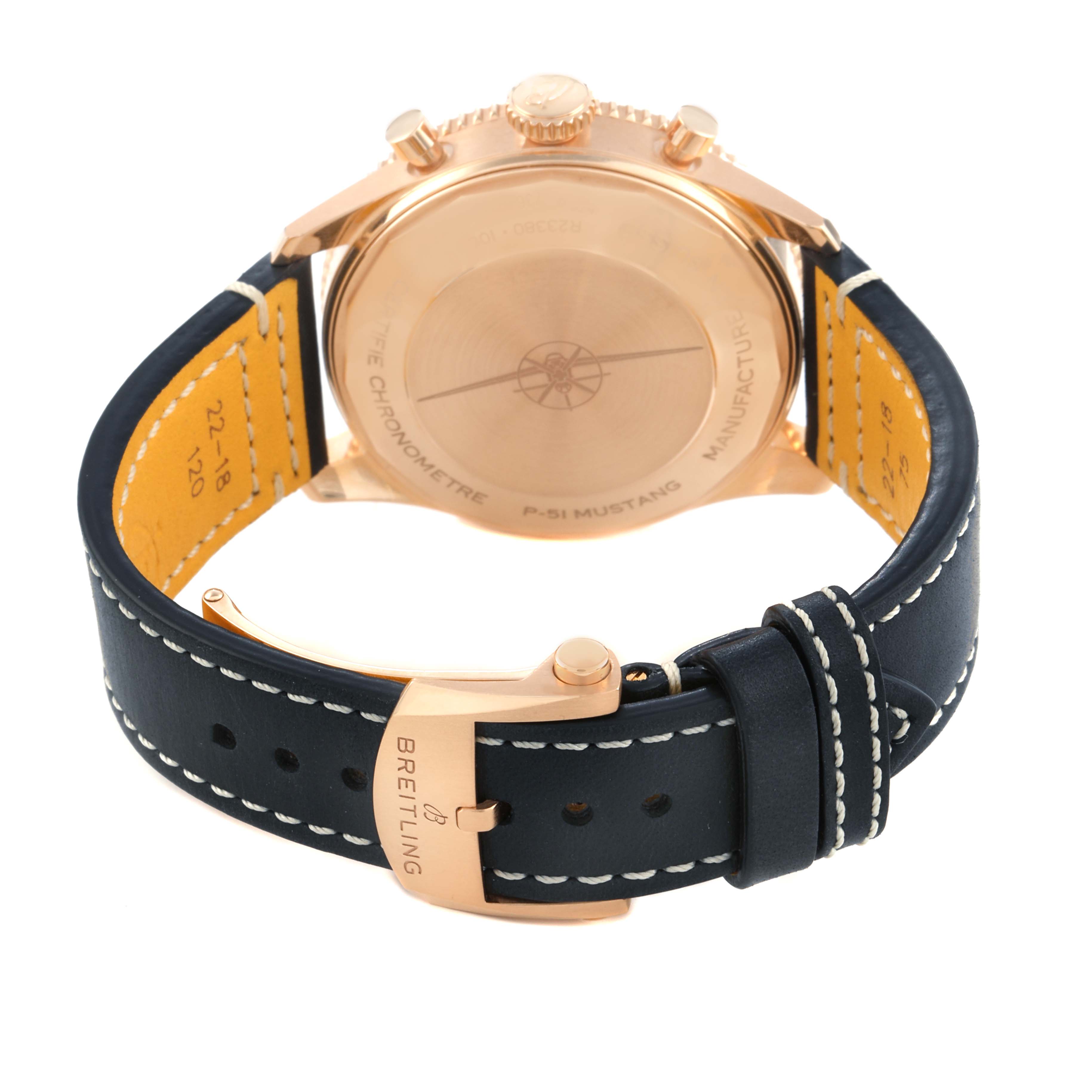 The image shows the back view of a Breitling Aviator R23380 Men's Rose Gold Grey Dial watch, highlighting the case back and leather strap with buckle.