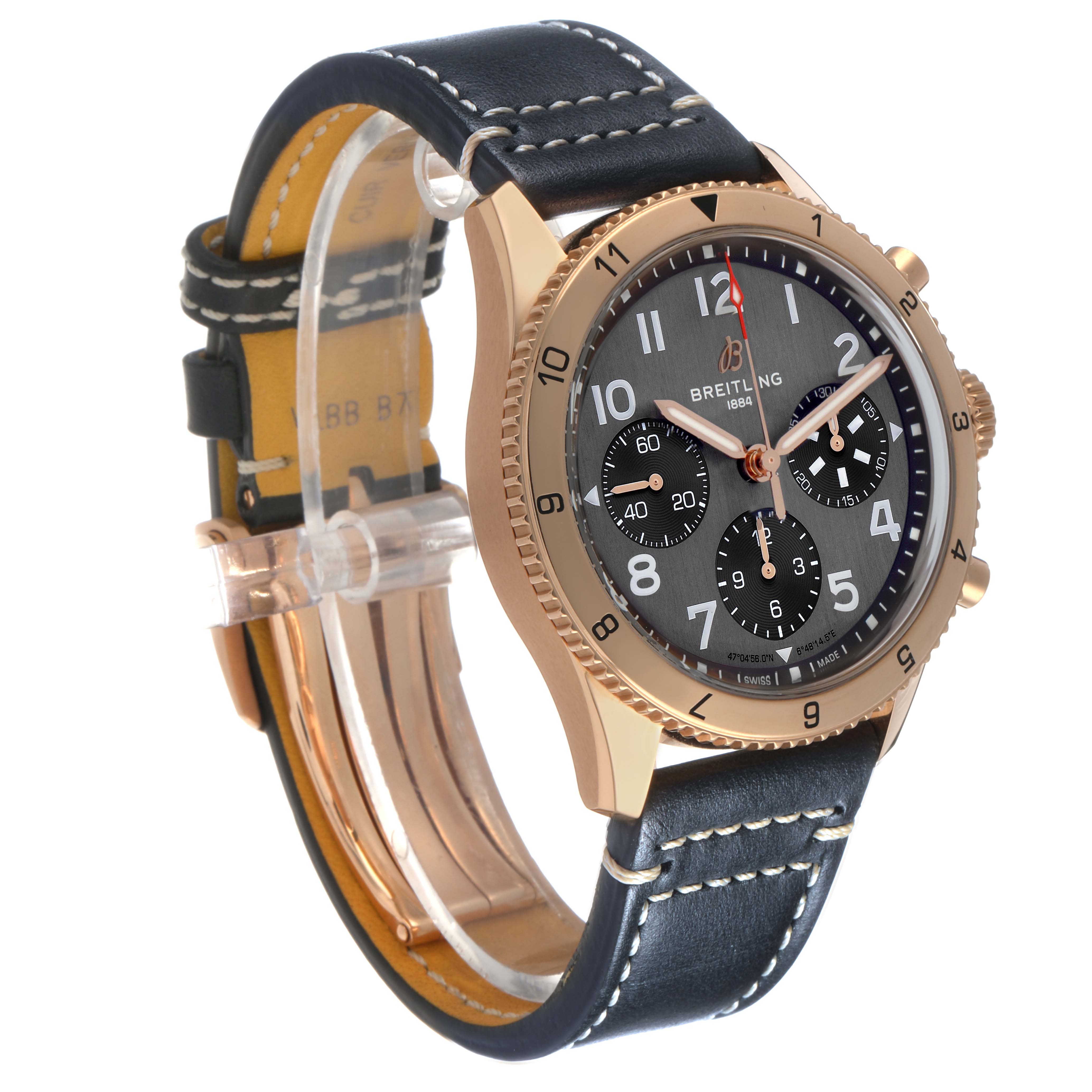 The Breitling Aviator R23380 Men's Rose Gold Grey Dial watch is shown at a three-quarter angle, highlighting the face, bezel, and leather strap.