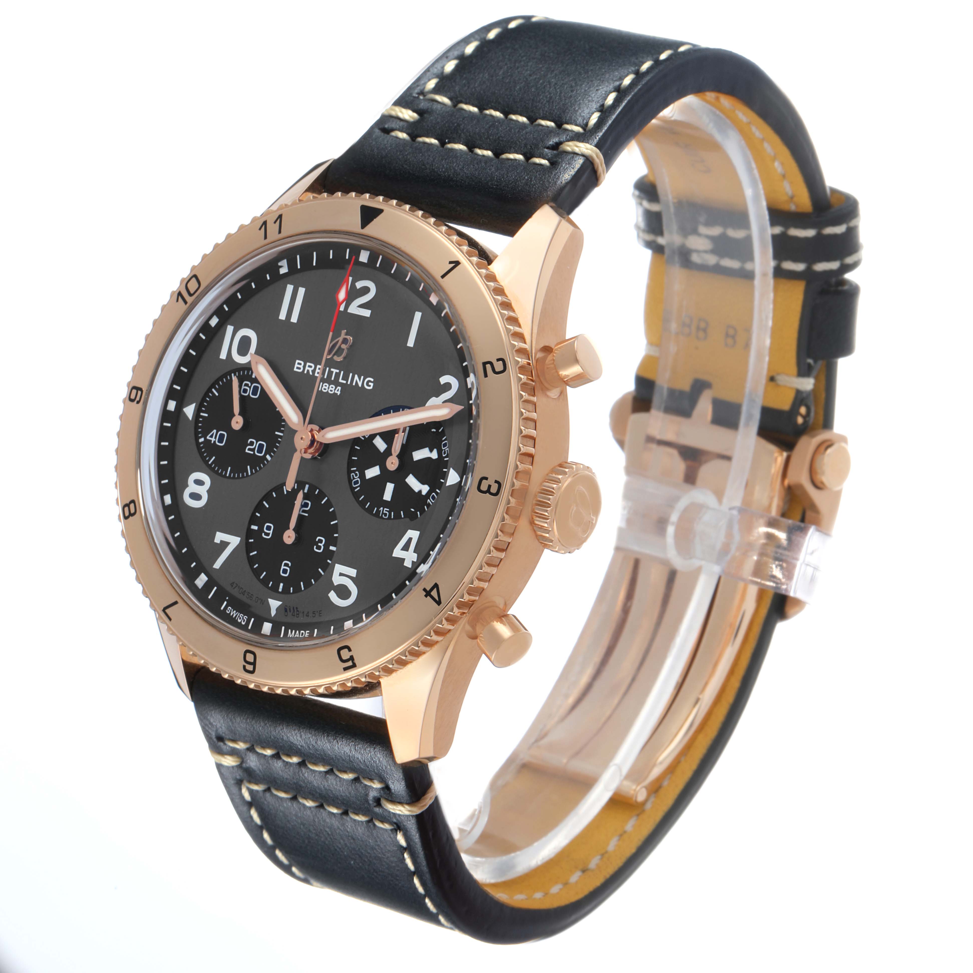 The Breitling Aviator R23380 Men's Rose Gold Grey Dial watch is shown at a three-quarter angle, highlighting the face, bezel, and leather strap.