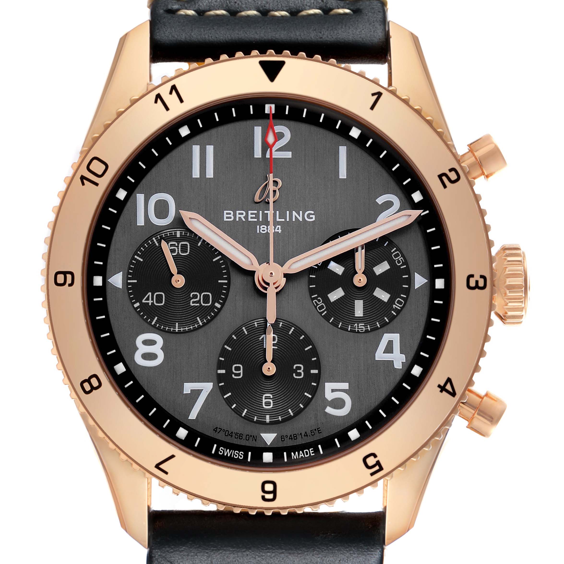 The Breitling Aviator R23380 Men's Rose Gold Grey Dial watch is shown from a front angle, displaying its bezel, dial, subdials, and pushers.