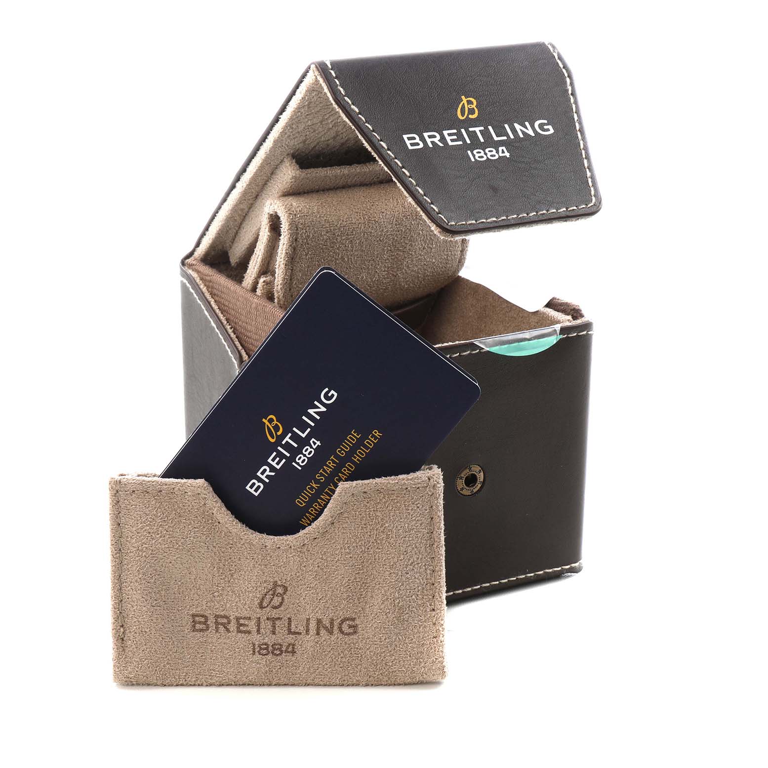The image shows the packaging and accessories, including a case and cardholder, for the Breitling Aviator R23380 Men's Rose Gold Grey Dial model.