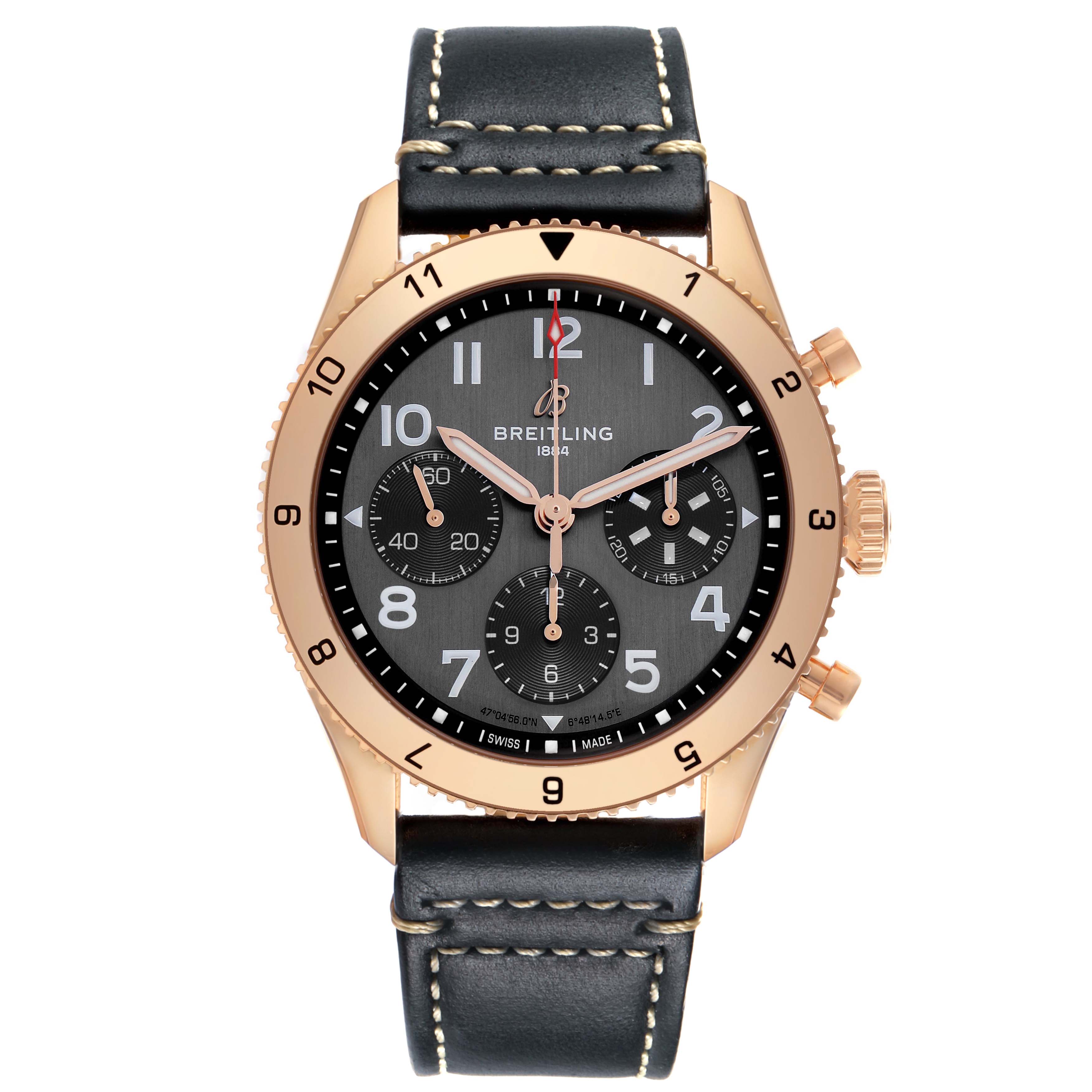The Breitling Aviator R23380 Men's Rose Gold Grey Dial watch is shown from the front, displaying its face, bezel, and black leather strap.