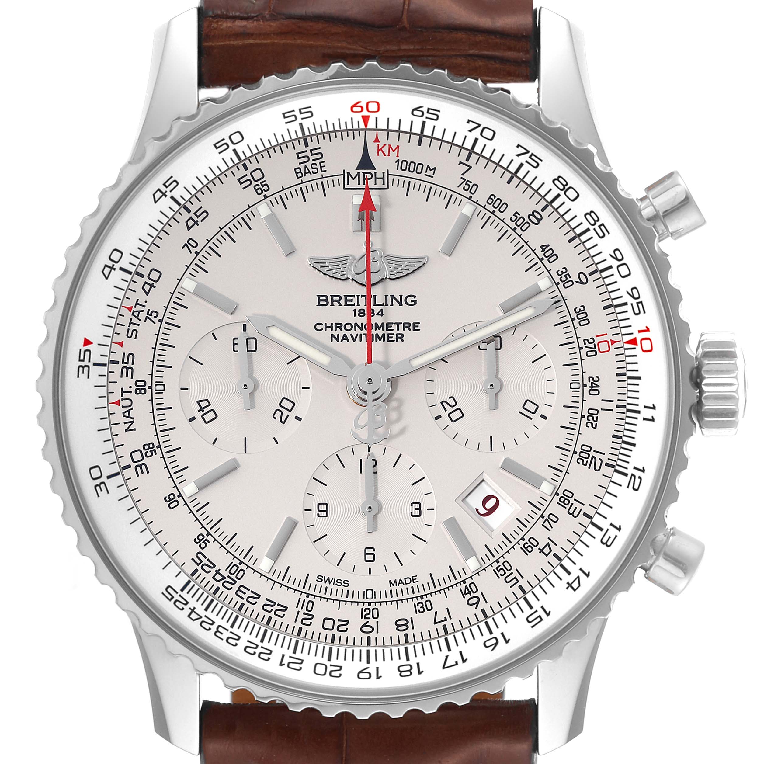 This image shows a frontal view of the Breitling Navitimer AB0123 Men's Stainless Steel Silver Dial AB0123 Men's Stainless Steel Silver Dial watch, displaying its dial, chronograph subdials, bezel, and brown leather strap.