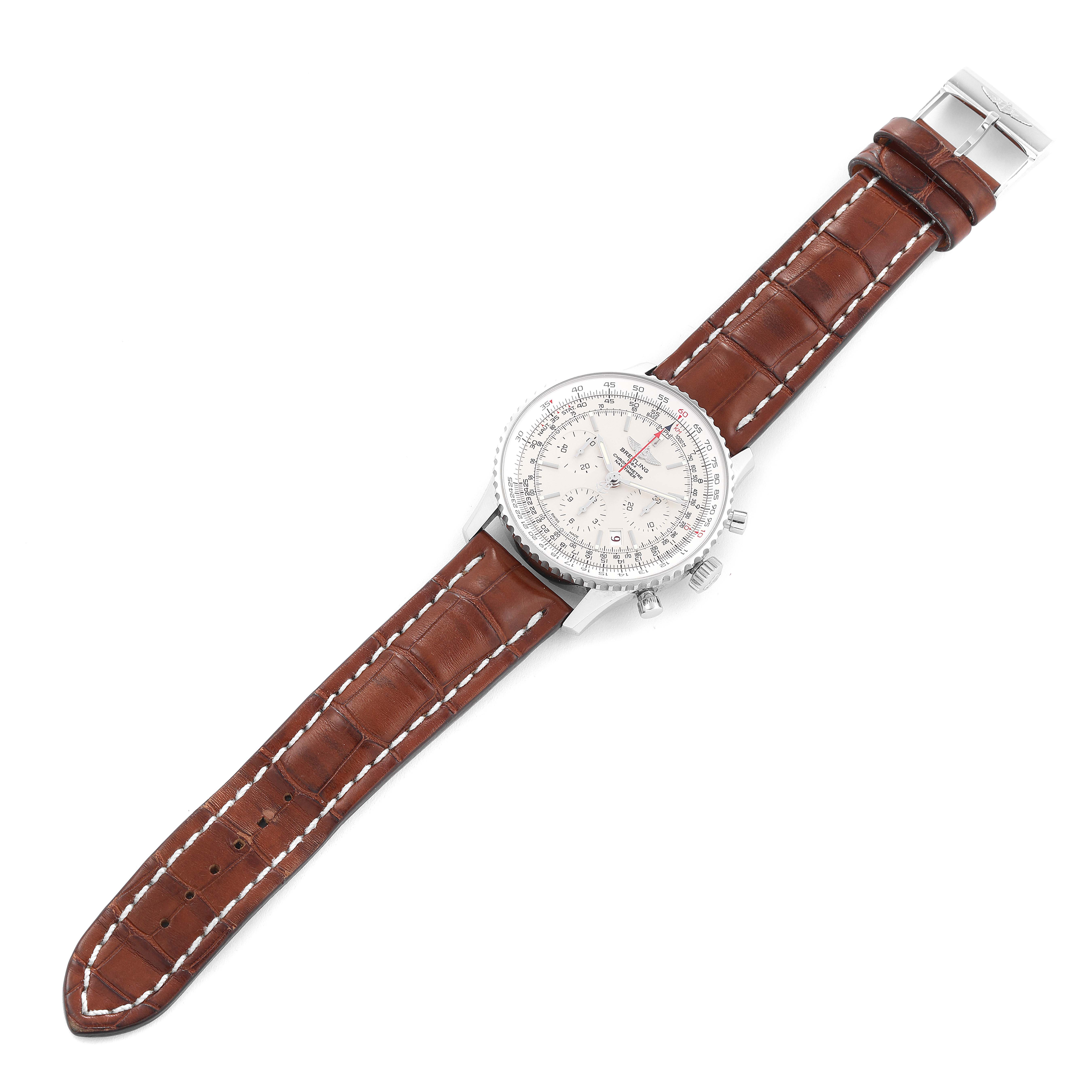 The image shows a Breitling Navitimer AB0123 Men's Stainless Steel Silver Dial AB0123 Men's Stainless Steel Silver Dial watch with a top-down view, displaying its brown leather strap and detailed dial.