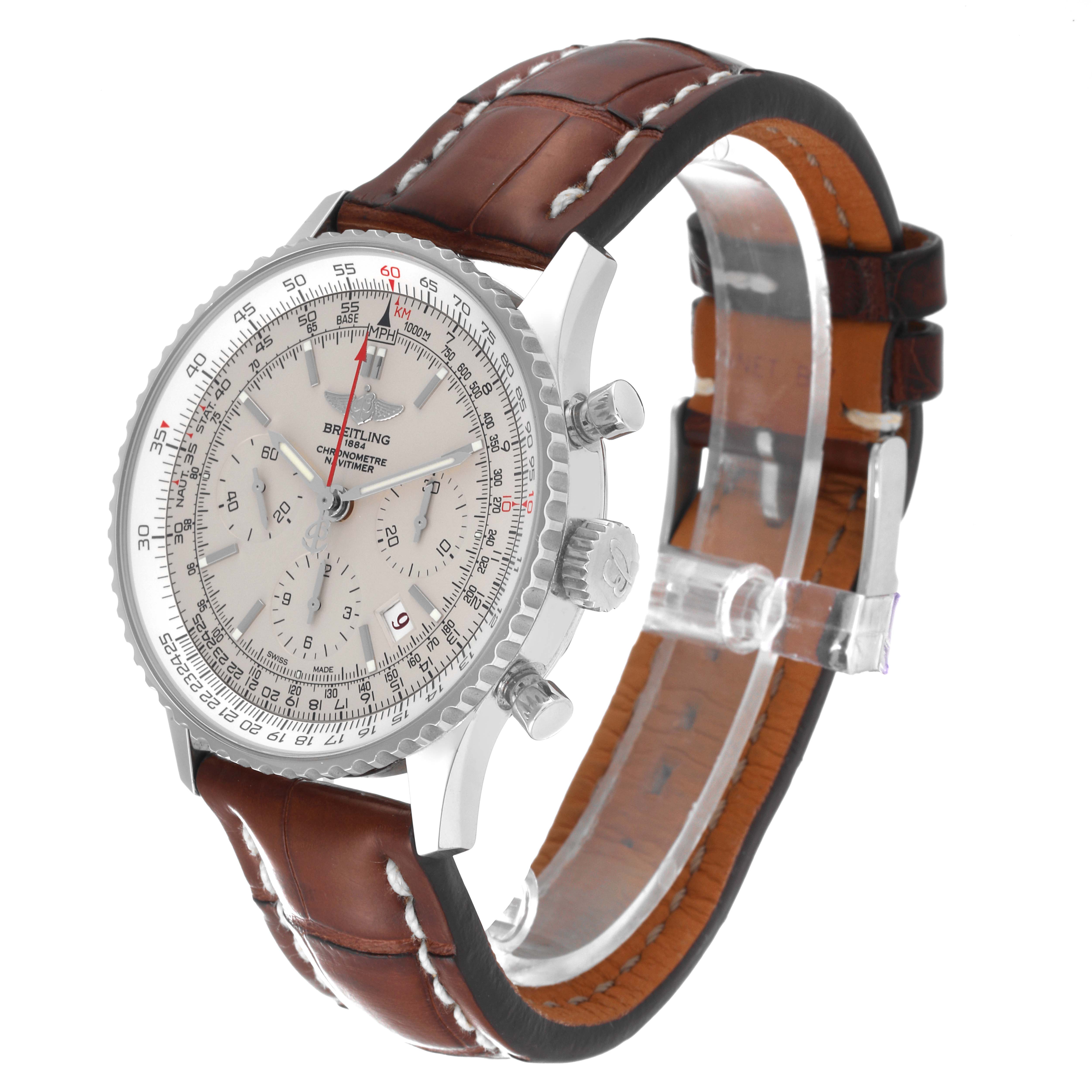The Breitling Navitimer AB0123 Men's Stainless Steel Silver Dial AB0123 Men's Stainless Steel Silver Dial watch is shown at a three-quarter angle, highlighting the face, bezel, pushers, and brown leather strap.
