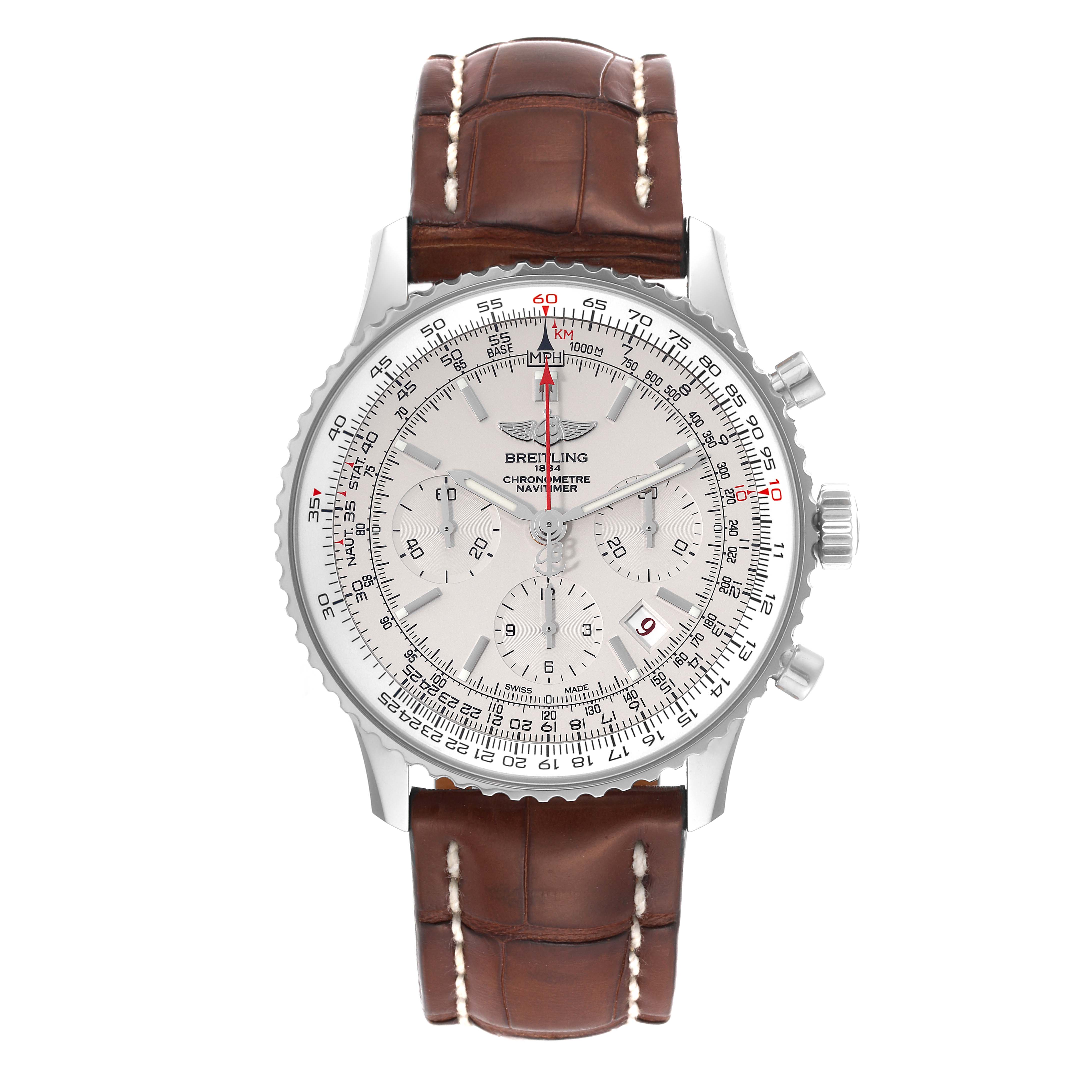 The image shows a front view of a Breitling Navitimer AB0123 Men's Stainless Steel Silver Dial AB0123 Men's Stainless Steel Silver Dial watch with a brown leather strap.