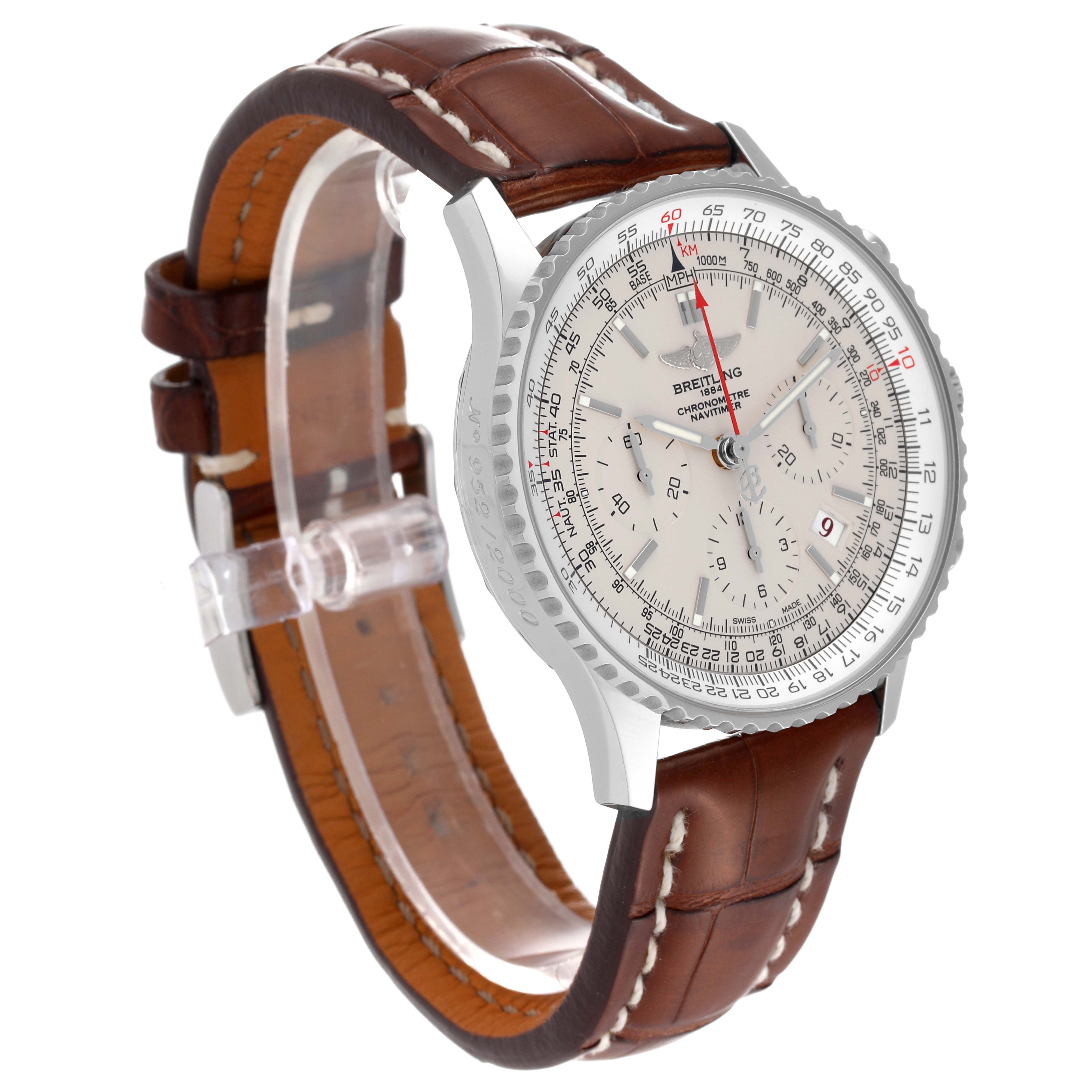 The image shows a front angled view of a Breitling Navitimer AB0123 Men's Stainless Steel Silver Dial AB0123 Men's Stainless Steel Silver Dial watch, displaying its dial, bezel, case, and leather strap.