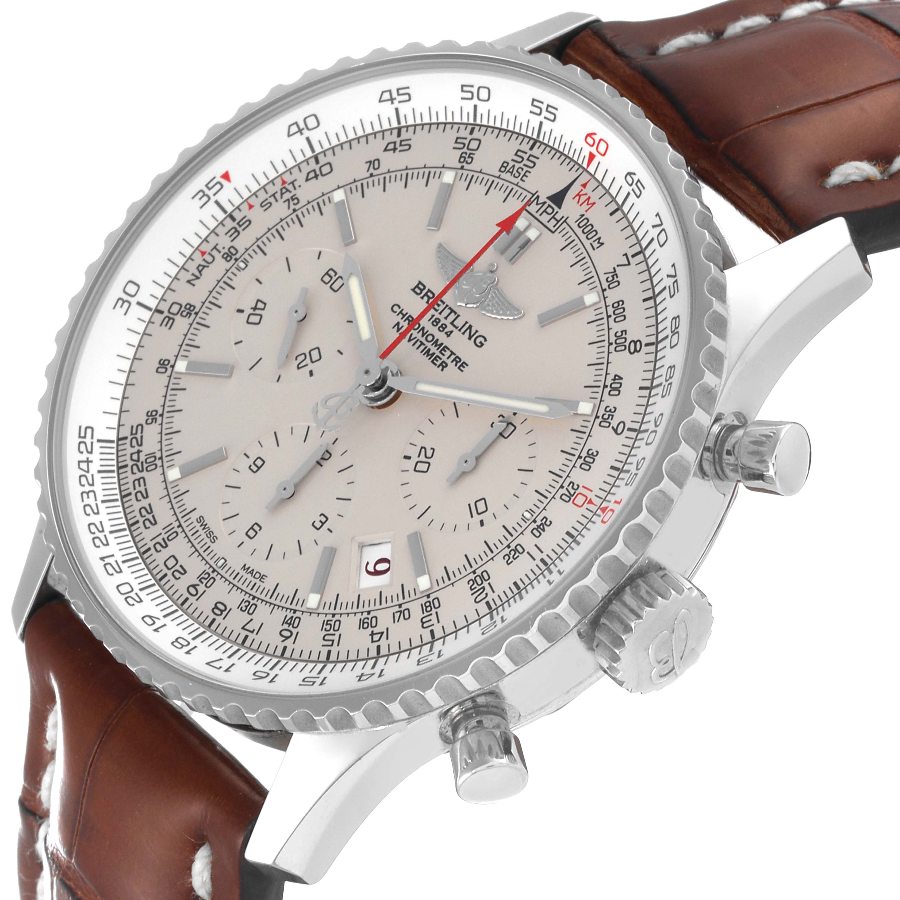 The image shows a Breitling Navitimer AB0123 Men's Stainless Steel Silver Dial AB0123 Men's Stainless Steel Silver Dial watch from a front angle, highlighting the face, bezel, subdials, pushers, and brown leather strap.