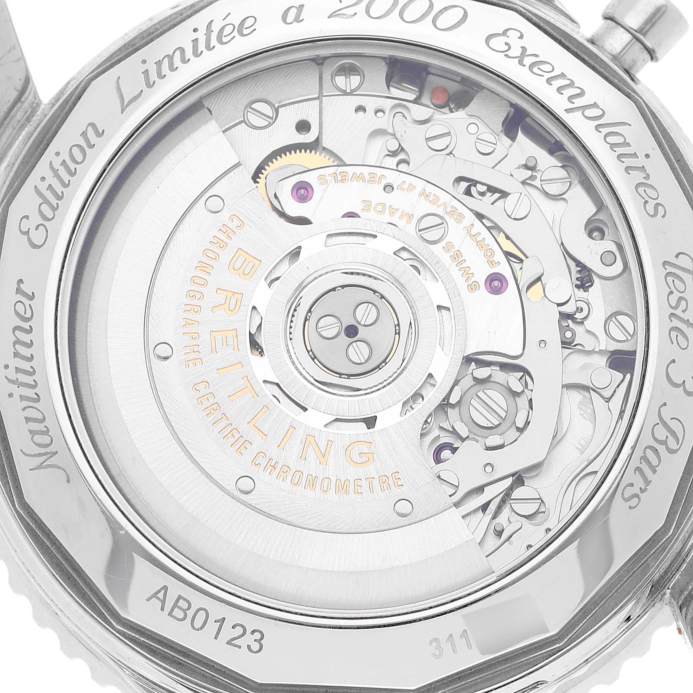 This image shows the back view of a Breitling Navitimer AB0123 Men's Stainless Steel Silver Dial AB0123 Men's Stainless Steel Silver Dial watch, revealing the intricate inner mechanisms.