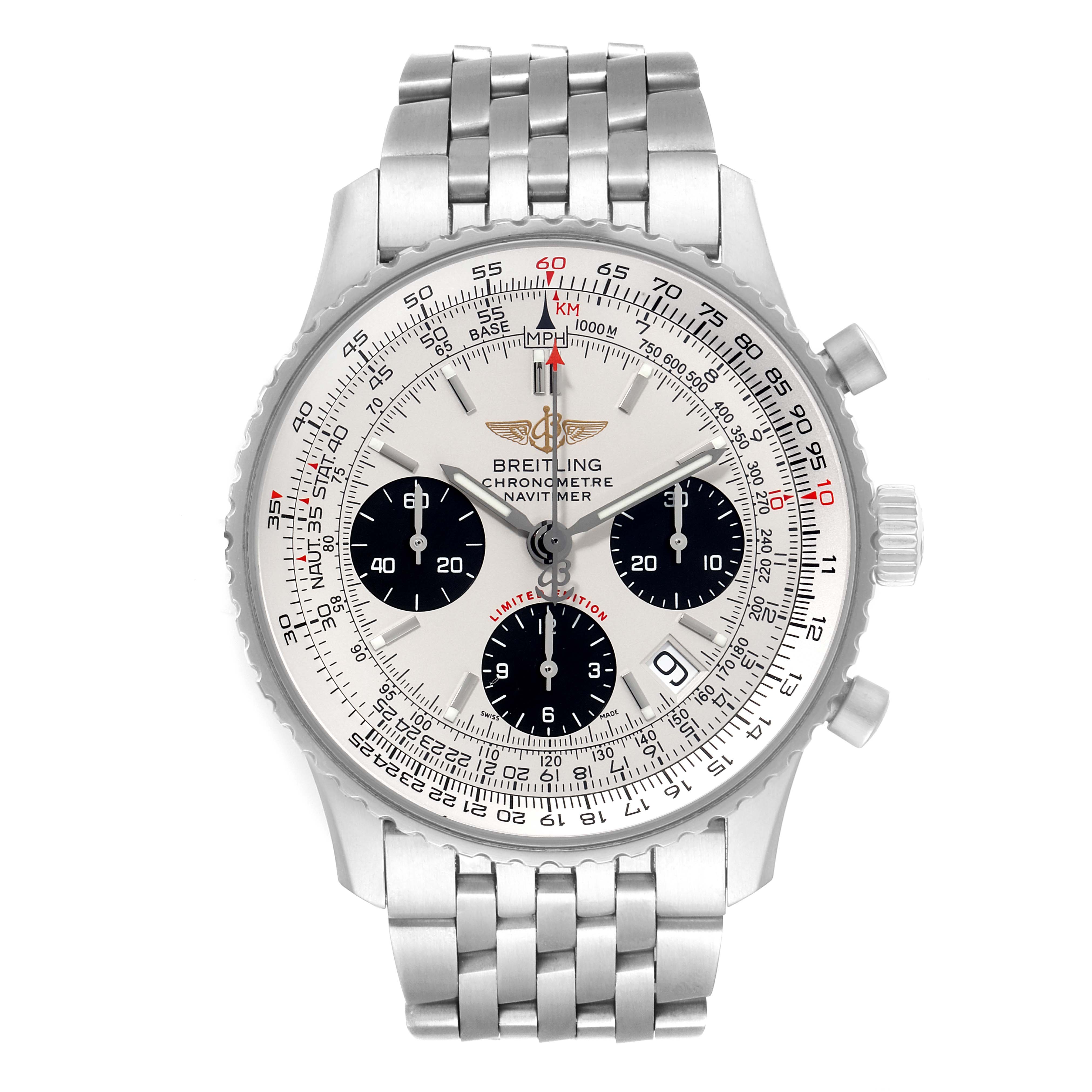 The image shows a front view of the Breitling Navitimer A23322 Men's Stainless Steel Silver Dial A23322 Men's Stainless Steel Silver Dial watch, displaying its dial, bezel, and stainless steel bracelet.