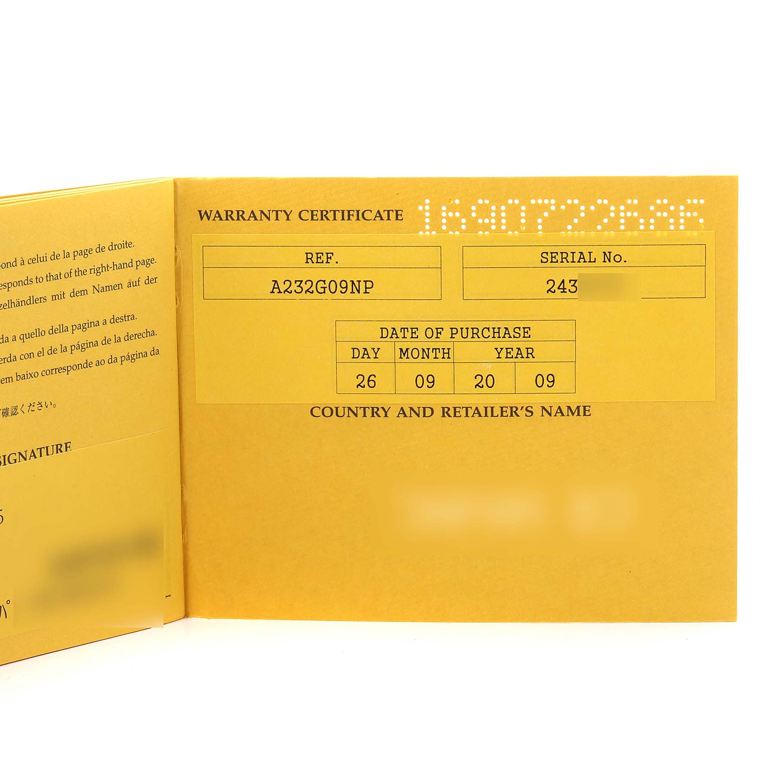 This image shows an open warranty certificate for the Breitling Navitimer A23322 Men's Stainless Steel Silver Dial A23322 Men's Stainless Steel Silver Dial watch model A233G09NP.