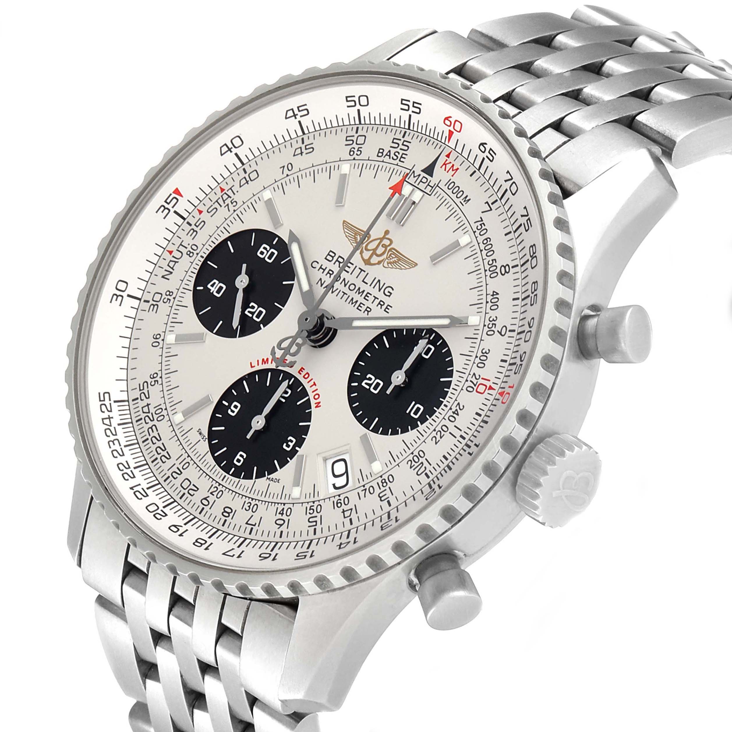 The image shows a Breitling Navitimer A23322 Men's Stainless Steel Silver Dial A23322 Men's Stainless Steel Silver Dial watch at a slight angle, highlighting its dial, bezel, and stainless steel bracelet.
