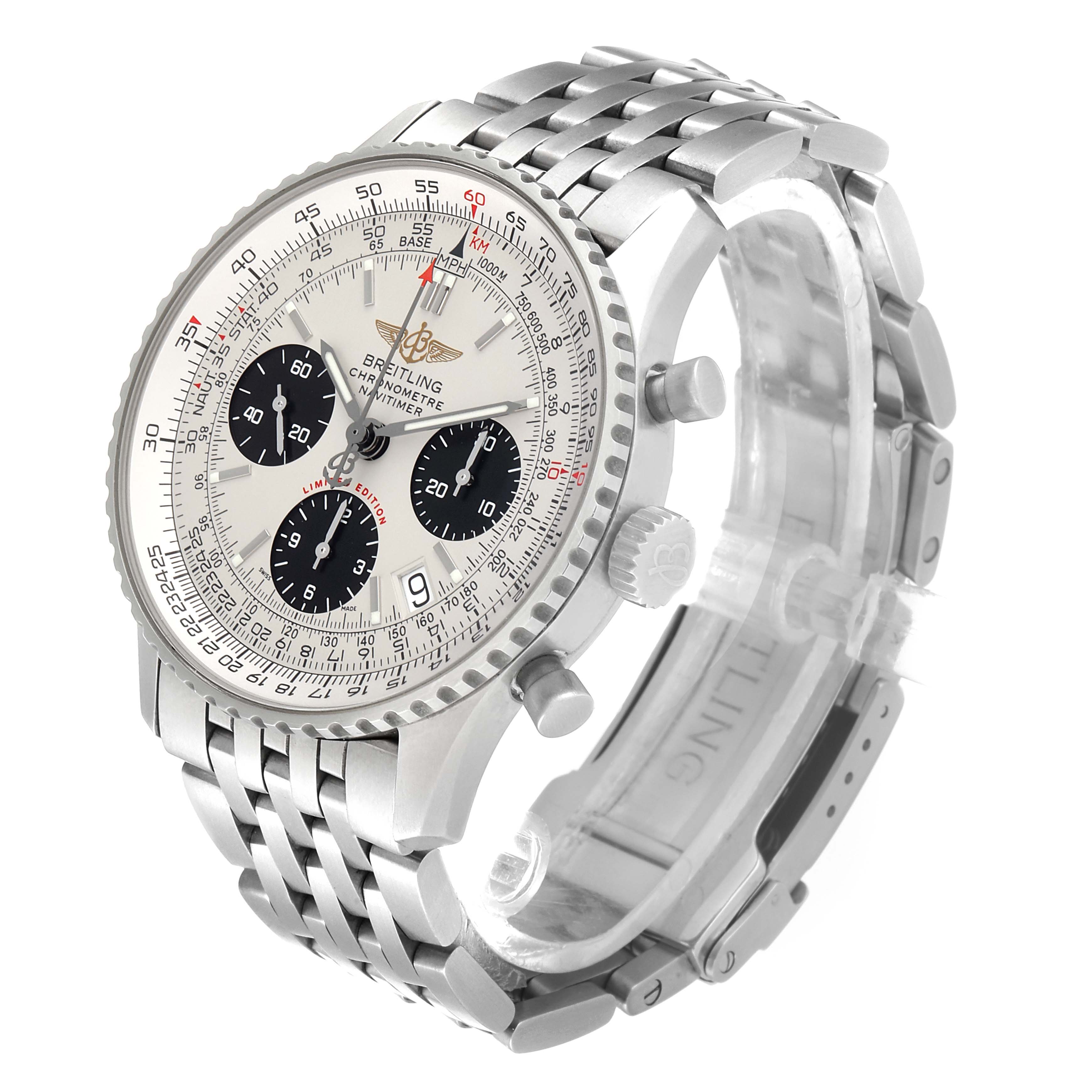 The image shows a Breitling Navitimer A23322 Men's Stainless Steel Silver Dial A23322 Men's Stainless Steel Silver Dial watch at a three-quarter angle, displaying the face, bezel, crown, pushers, and bracelet.