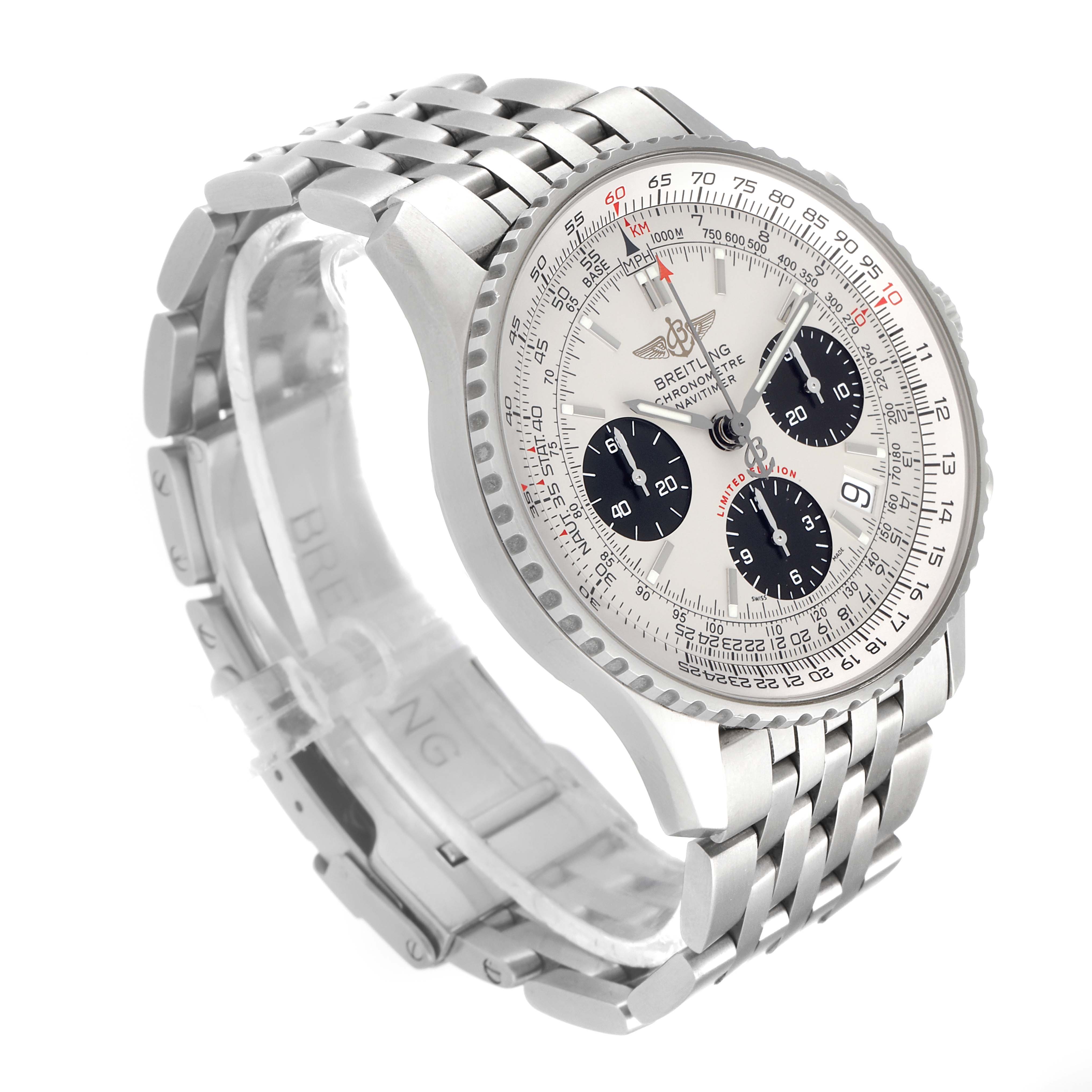This Breitling Navitimer A23322 Men's Stainless Steel Silver Dial A23322 Men's Stainless Steel Silver Dial model watch is shown at a slight angle, highlighting its face, bezel, chronograph dials, and bracelet band.