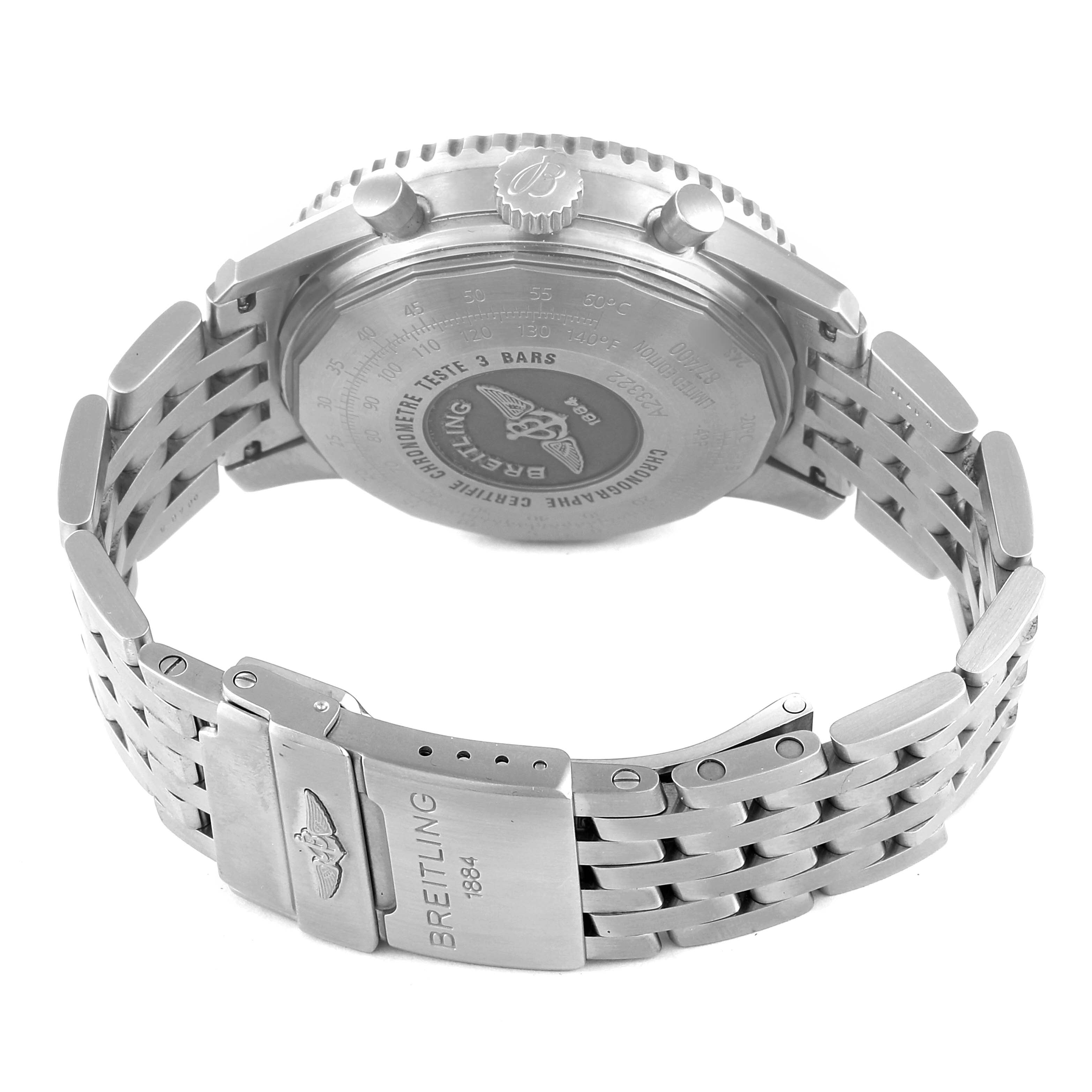 This image shows the back case and metal bracelet of a Breitling Navitimer A23322 Men's Stainless Steel Silver Dial A23322 Men's Stainless Steel Silver Dial watch at an angle.
