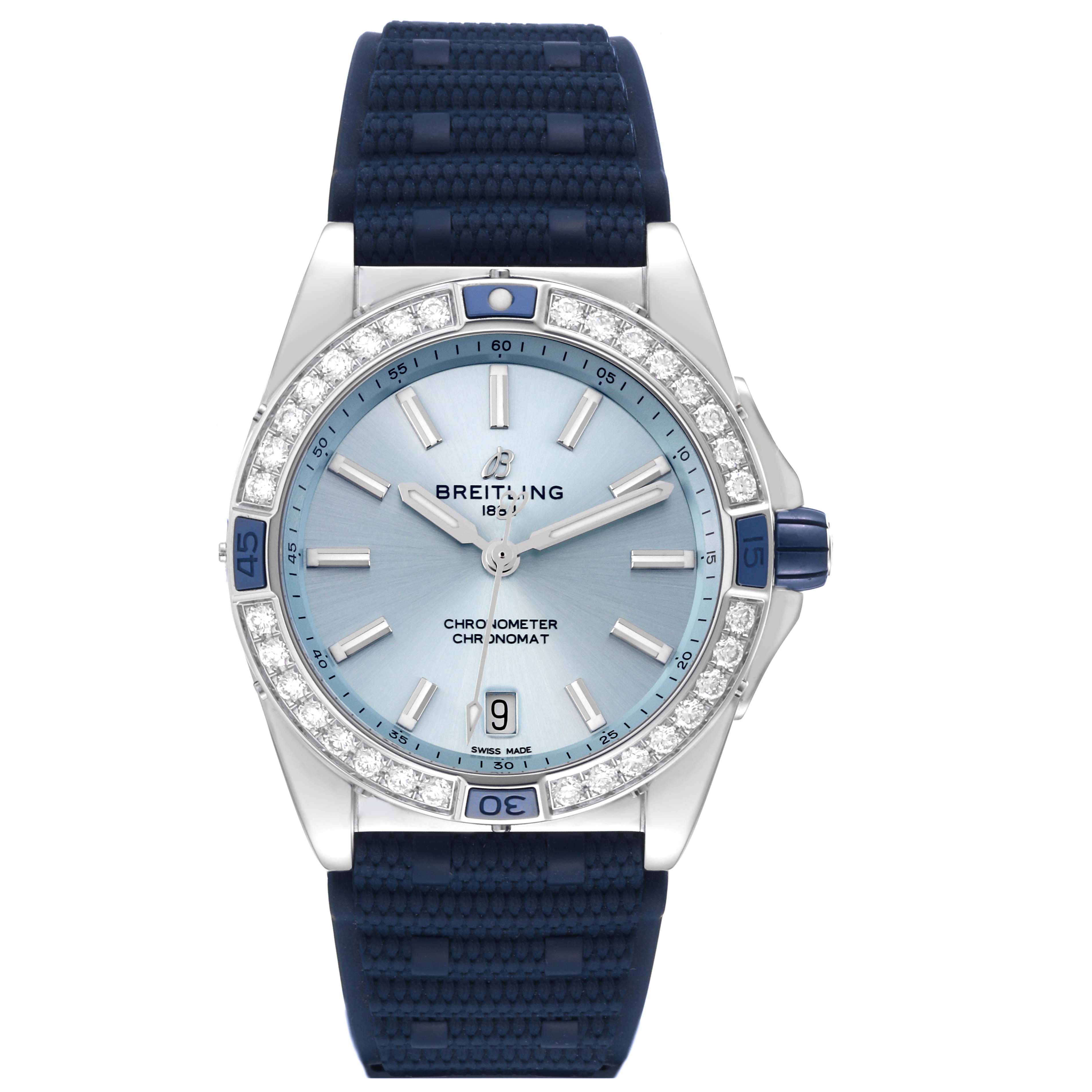 The Breitling A17356 Women's Stainless Steel Blue Dial A17356 Women's Stainless Steel Blue Dial Super Chronomat Blue Dial Steel Diamond Ladies Watch A17356 is shown from the front, highlighting its face, bezel, and strap.