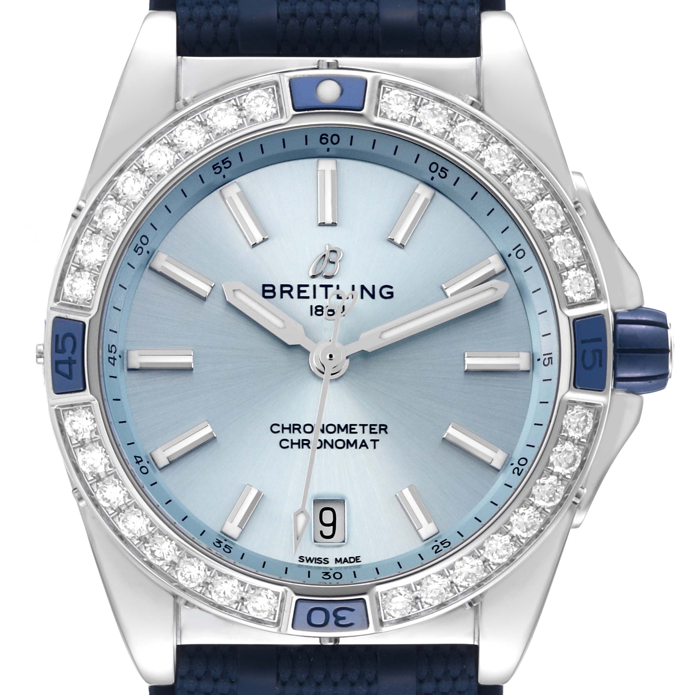 The Breitling A17356 Women's Stainless Steel Blue Dial A17356 Women's Stainless Steel Blue Dial Super Chronomat Blue Dial Steel Diamond Ladies Watch A17356 is shown from a front angle, displaying the dial, bezel, and part of the strap.