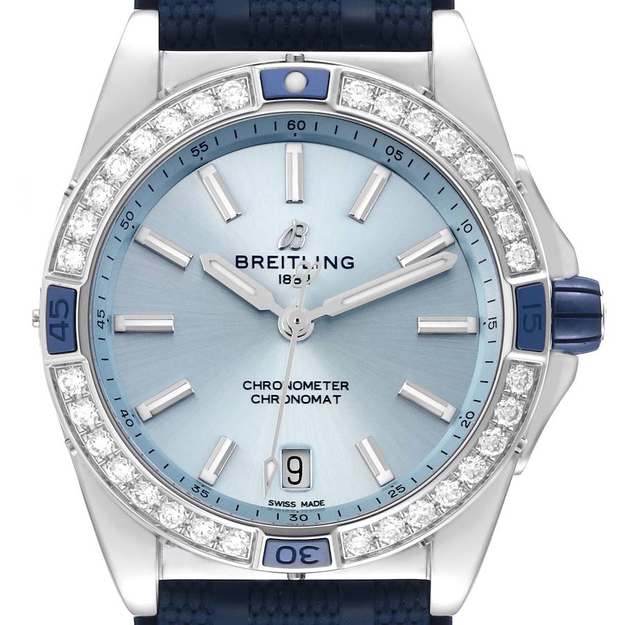 Breitling Super Chronomat Blue Dial Steel Diamond Ladies Watch A17356 Unworn SwissWatchExpo