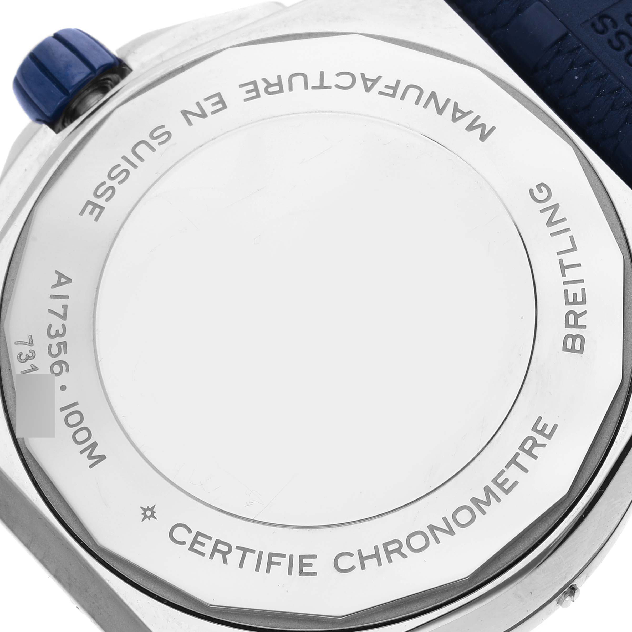 This image shows the back case of the Breitling A17356 Women's Stainless Steel Blue Dial A17356 Women's Stainless Steel Blue Dial Super Chronomat Blue Dial Steel Diamond Ladies Watch A17356, highlighting its markings.