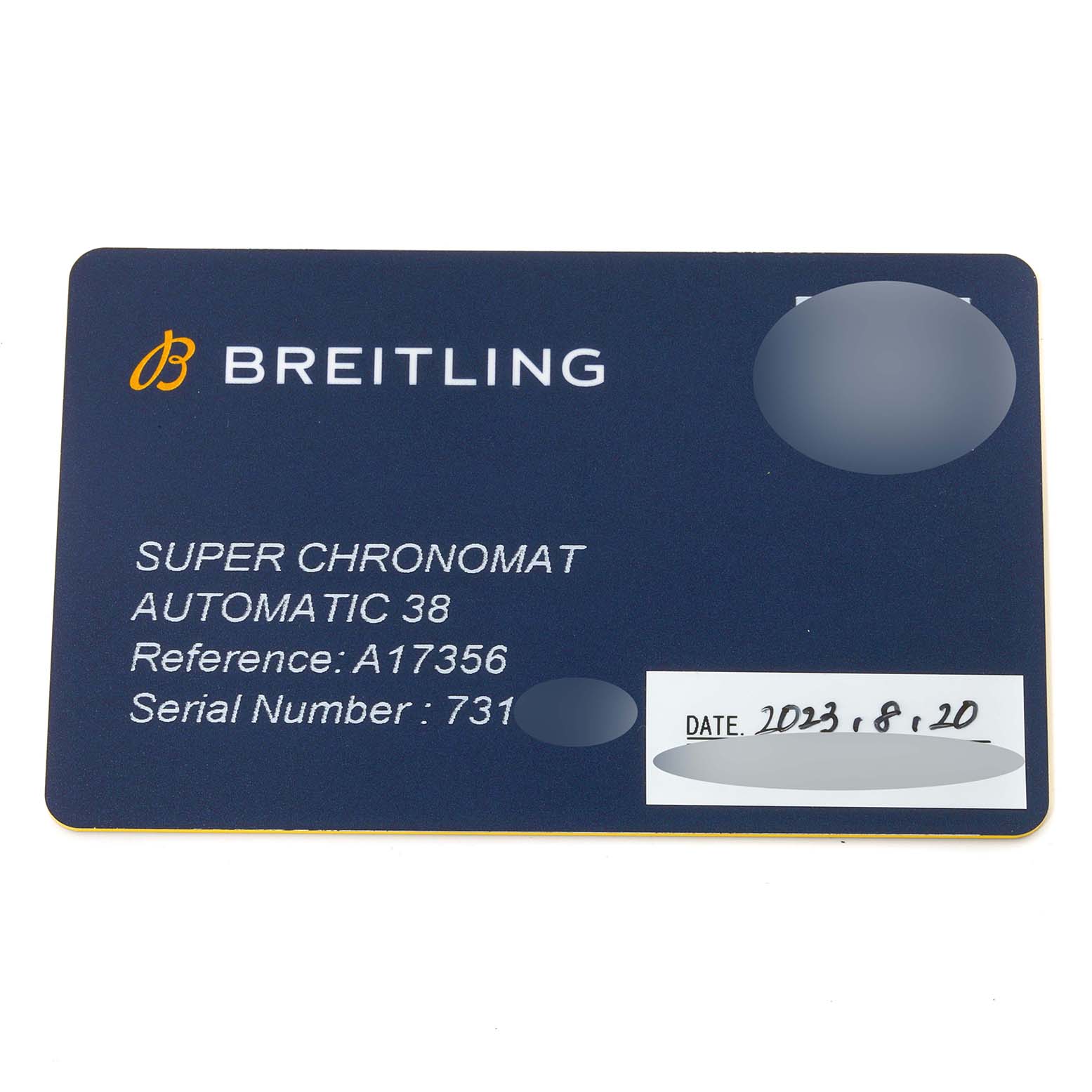 The image shows the warranty card for the Breitling A17356 Women's Stainless Steel Blue Dial A17356 Women's Stainless Steel Blue Dial Super Chronomat Blue Dial Steel Diamond Ladies Watch A17356.