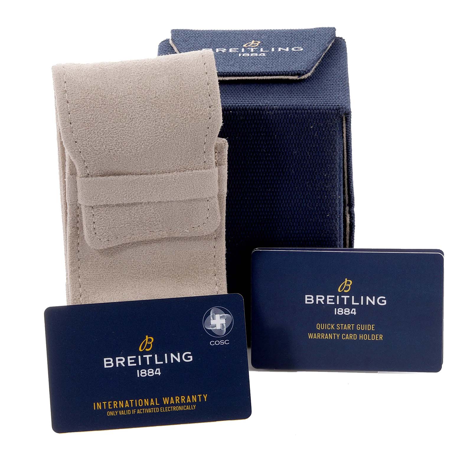 This image showcases the packaging of the Breitling A17356 Women's Stainless Steel Blue Dial A17356 Women's Stainless Steel Blue Dial Super Chronomat Blue Dial Steel Diamond Ladies Watch A17356 Unworn model, along with warranty and guide cards.