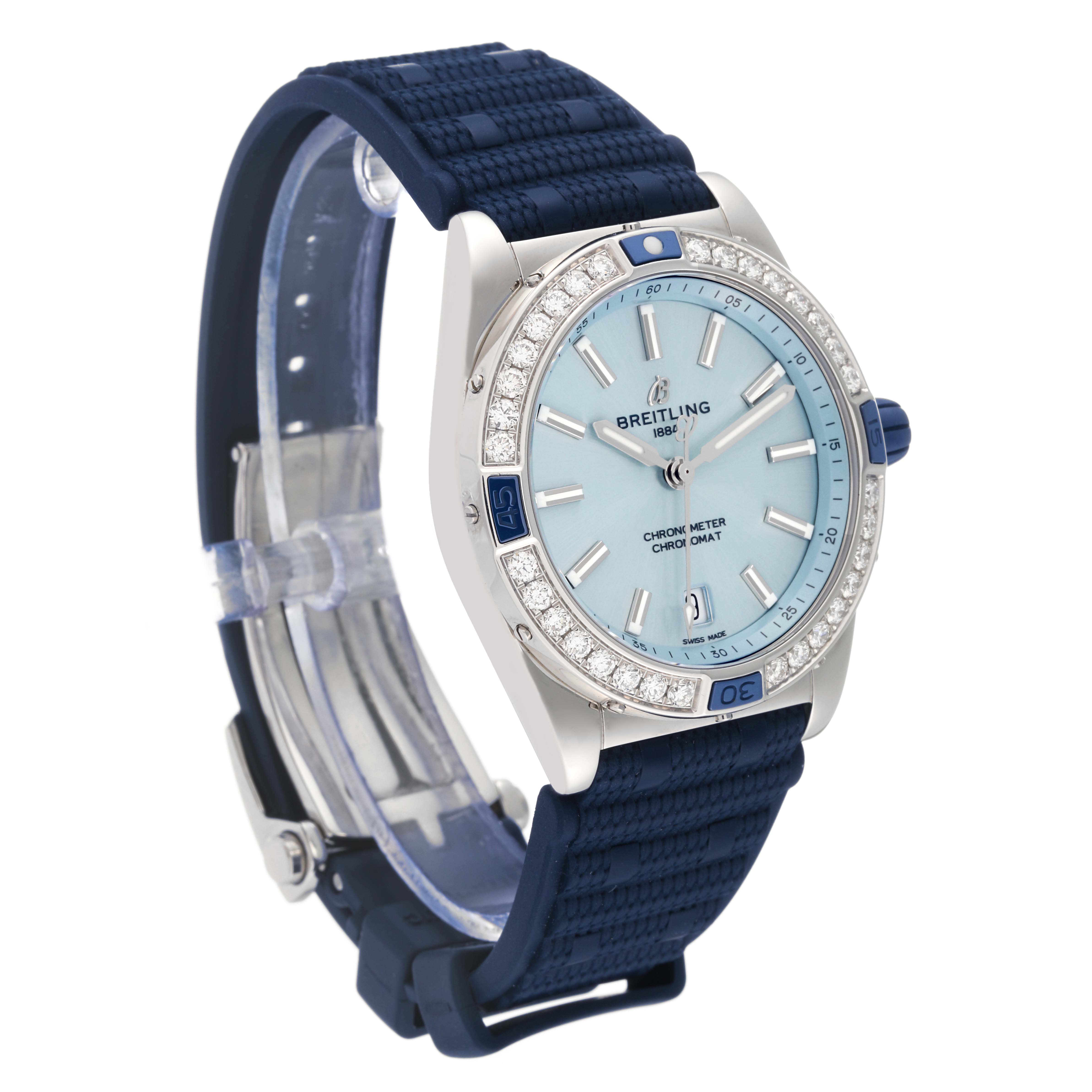 This image shows a front angled view of the Breitling A17356 Women's Stainless Steel Blue Dial A17356 Women's Stainless Steel Blue Dial Super Chronomat Blue Dial Steel Diamond Ladies Watch A17356 with its strap, dial, and bezel visible.