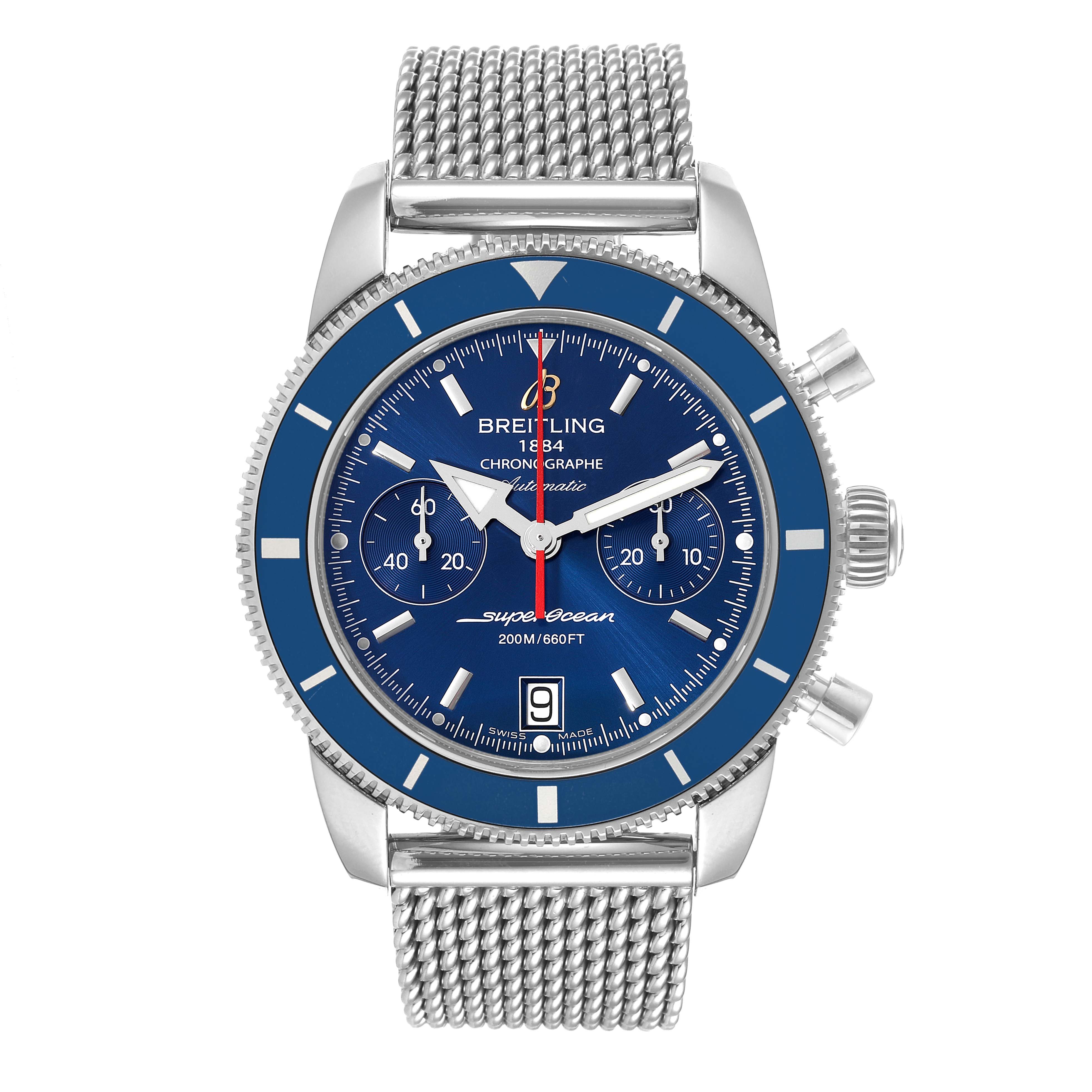 This image shows a front view of the Breitling Superocean A23370 Men's Stainless Steel Blue Dial A23370 Men's Stainless Steel Blue Dial watch, highlighting the face, bezel, crown, and partial bracelet.