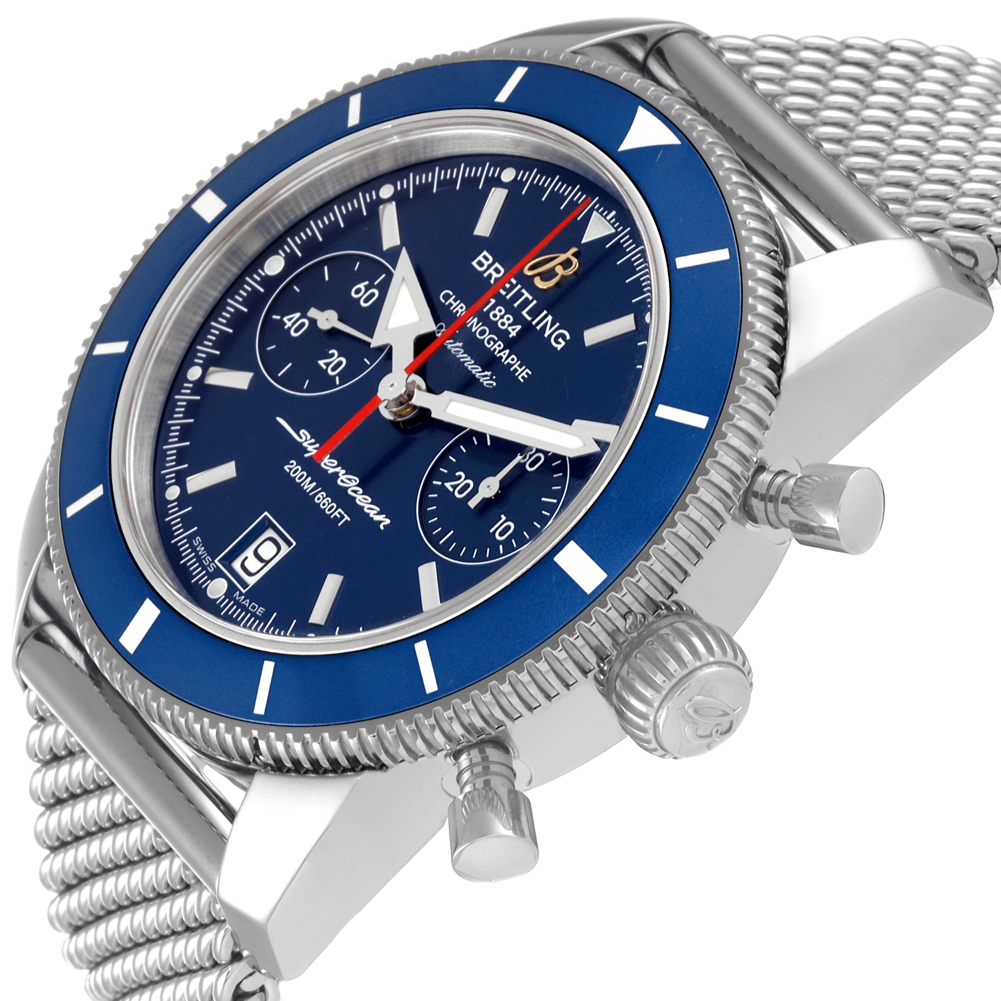 The image shows a side angle of the Breitling Superocean A23370 Men's Stainless Steel Blue Dial A23370 Men's Stainless Steel Blue Dial watch highlighting the dial, bezel, and chronograph pushers.