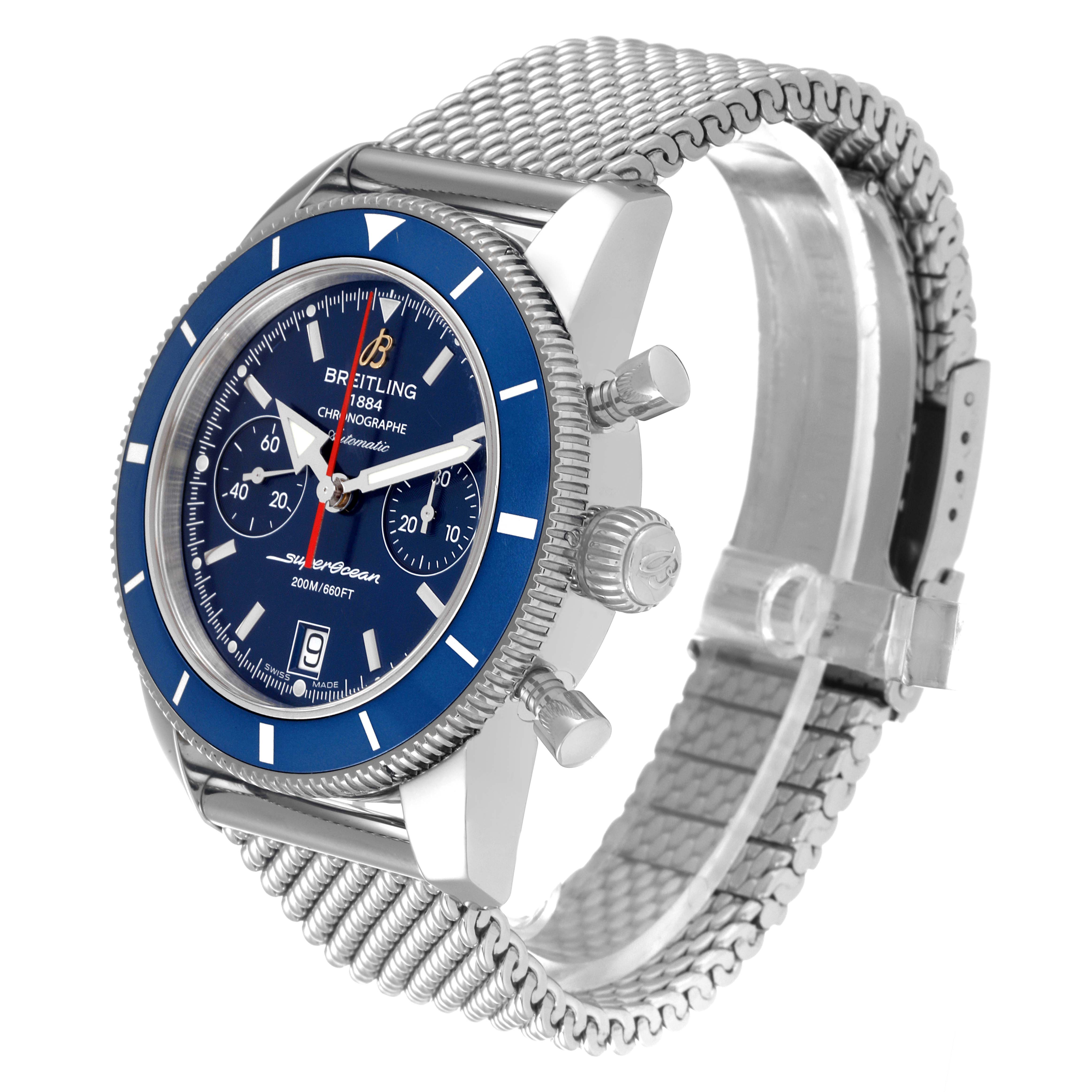 The Breitling Superocean A23370 Men's Stainless Steel Blue Dial A23370 Men's Stainless Steel Blue Dial watch is shown at an angled front view, highlighting its blue dial, bezel, buttons, and stainless steel mesh band.