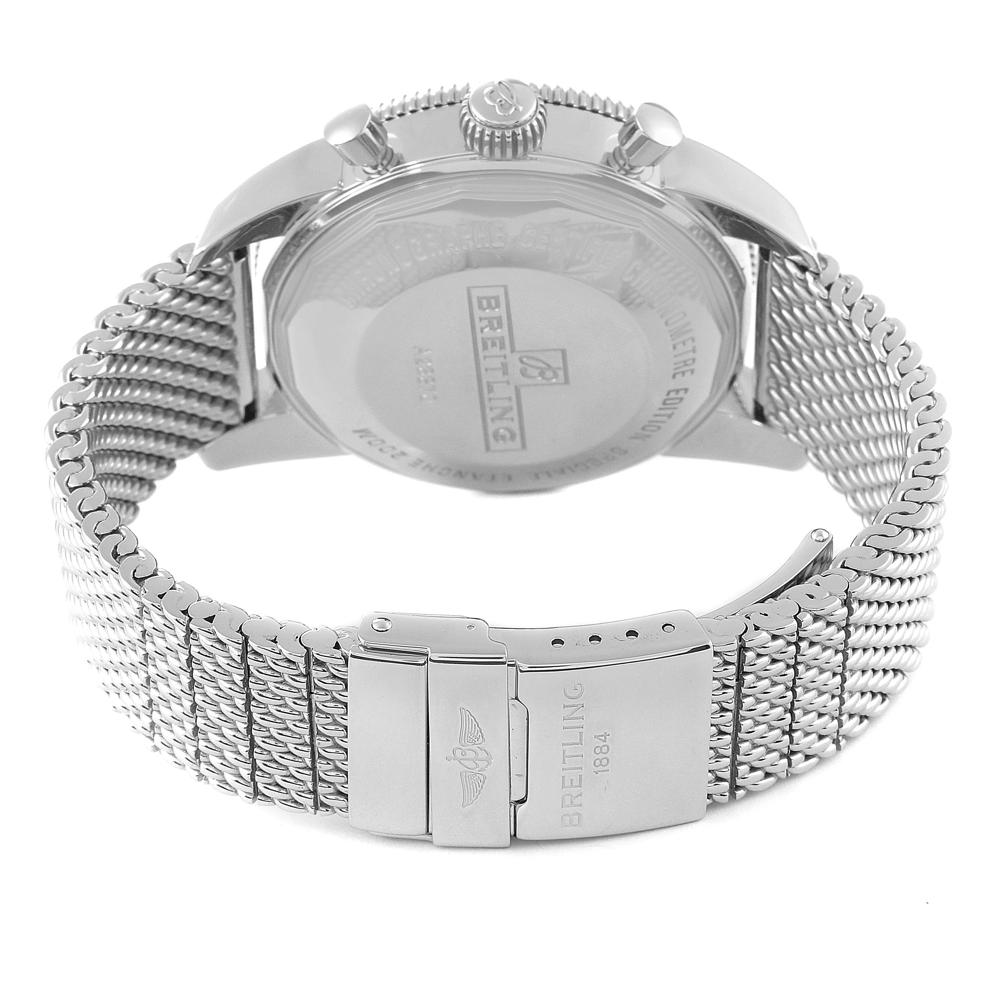 This image shows the back case and mesh bracelet of the Breitling Superocean A23370 Men's Stainless Steel Blue Dial A23370 Men's Stainless Steel Blue Dial watch from a rear angle.