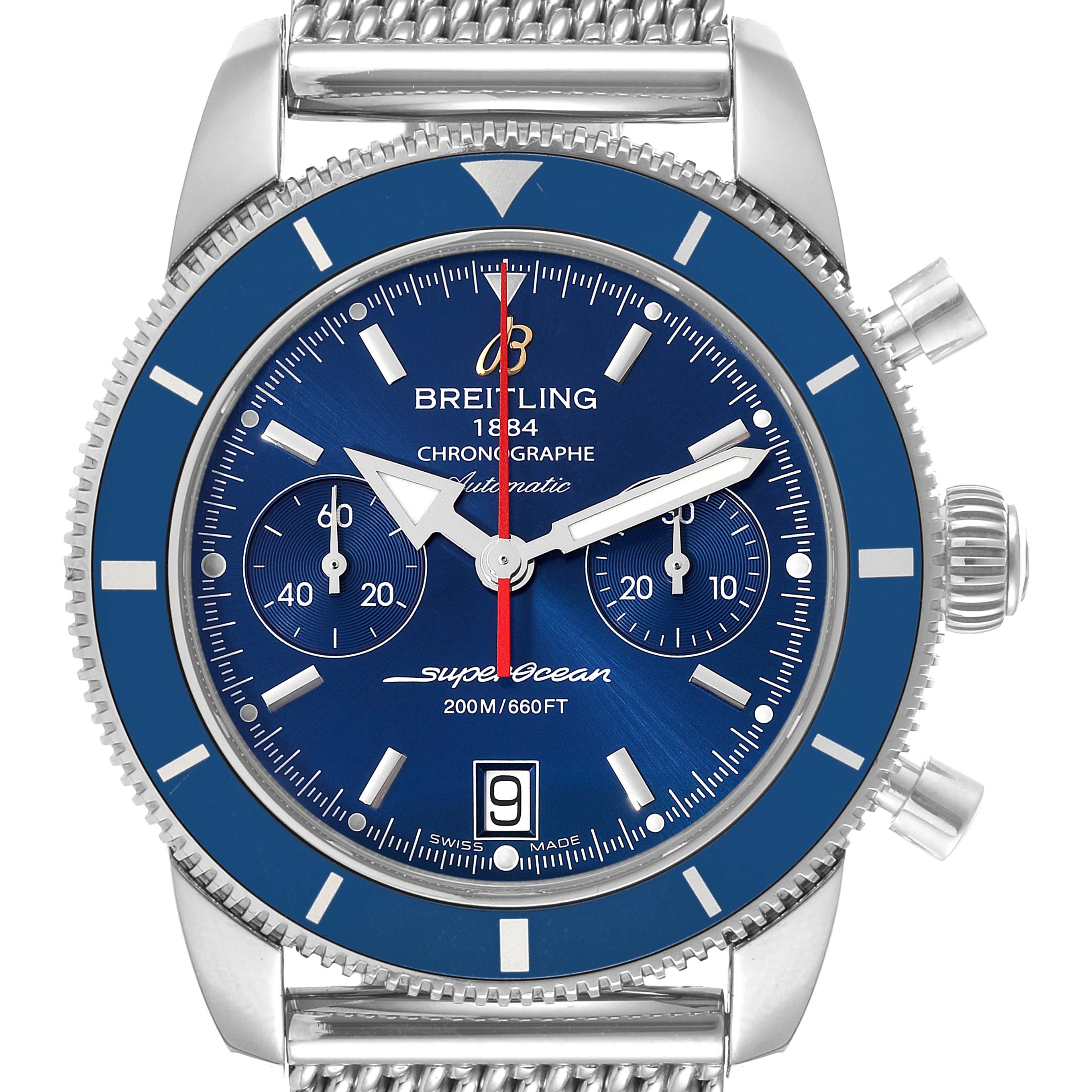 The image shows a frontal view of the Breitling Superocean A23370 Men's Stainless Steel Blue Dial A23370 Men's Stainless Steel Blue Dial Chronograph watch with a blue dial and mesh bracelet.
