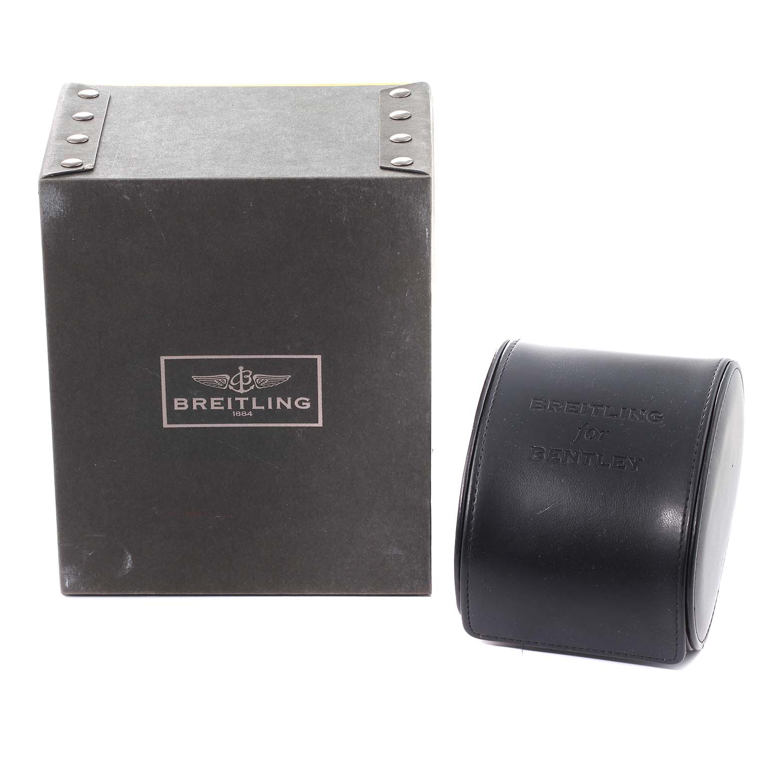 The image shows the box and a black leather case for a Breitling Superocean A23370 Men's Stainless Steel Blue Dial A23370 Men's Stainless Steel Blue Dial watch.