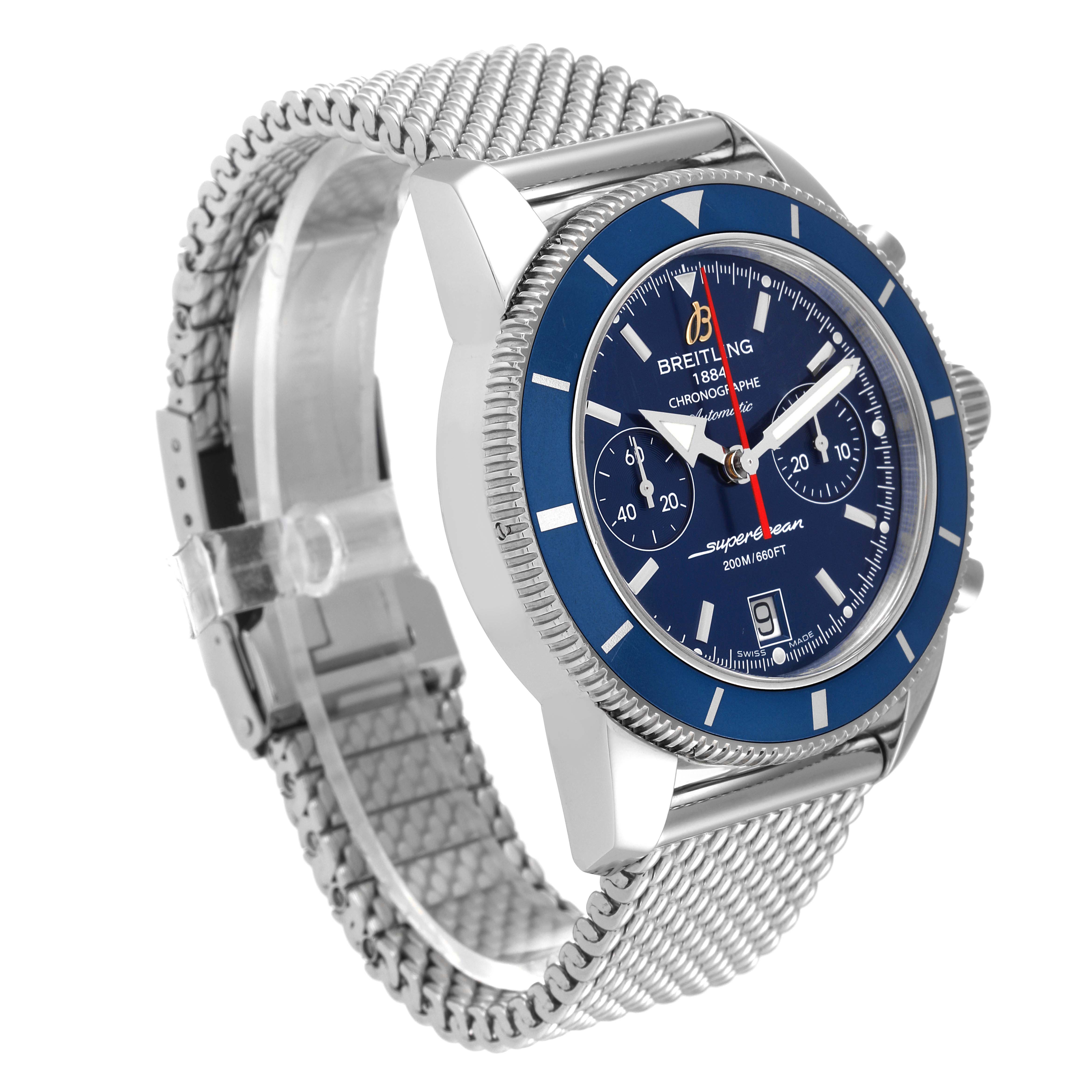 The Breitling Superocean A23370 Men's Stainless Steel Blue Dial A23370 Men's Stainless Steel Blue Dial watch is shown at a three-quarter angle, displaying the blue dial, mesh bracelet, and side buttons.