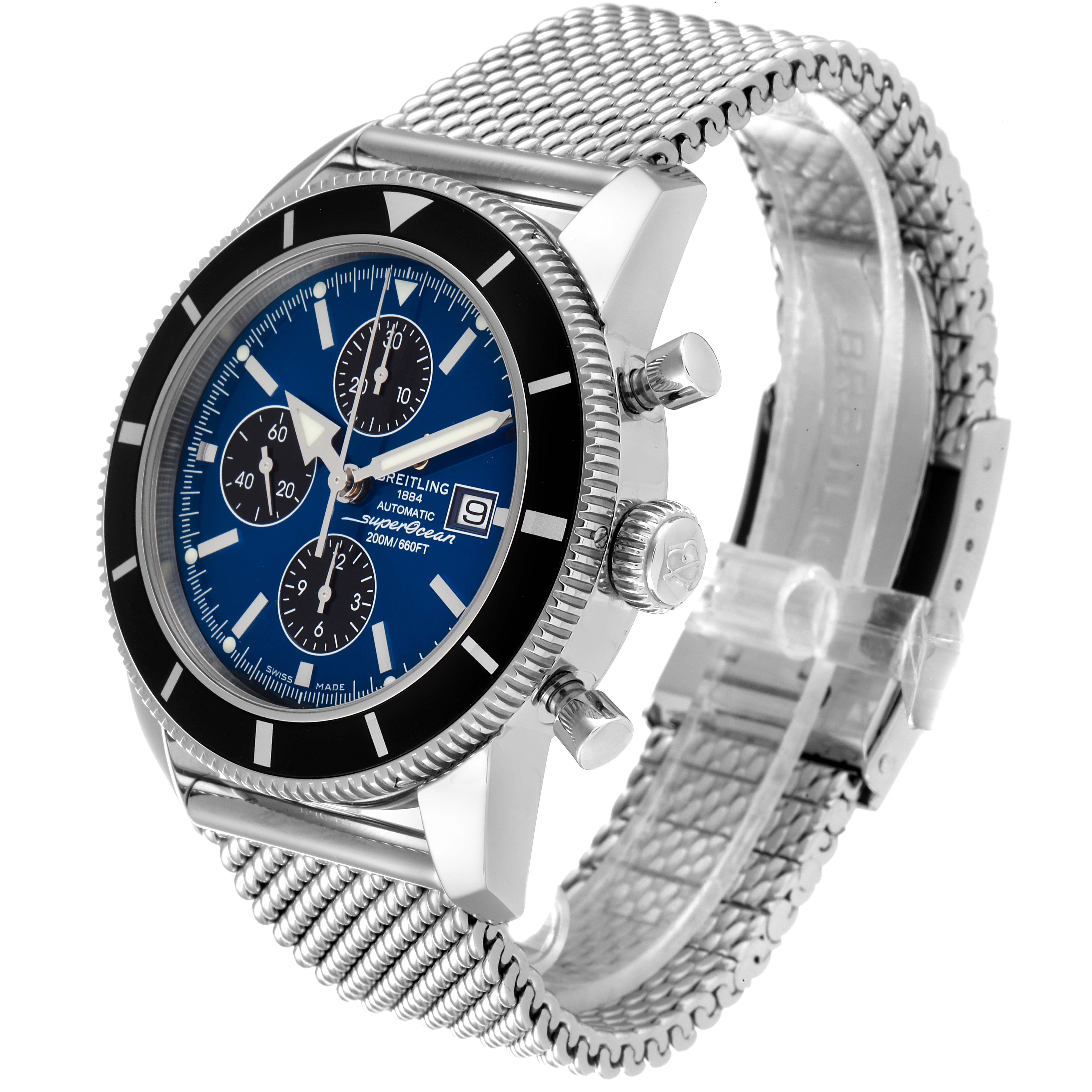 This is a Breitling Superocean A13320 Men's Stainless Steel Blue Dial A13320 Men's Stainless Steel Blue Dial watch shown at a three-quarter angle, highlighting the face, bezel, crown, pushers, and mesh bracelet.