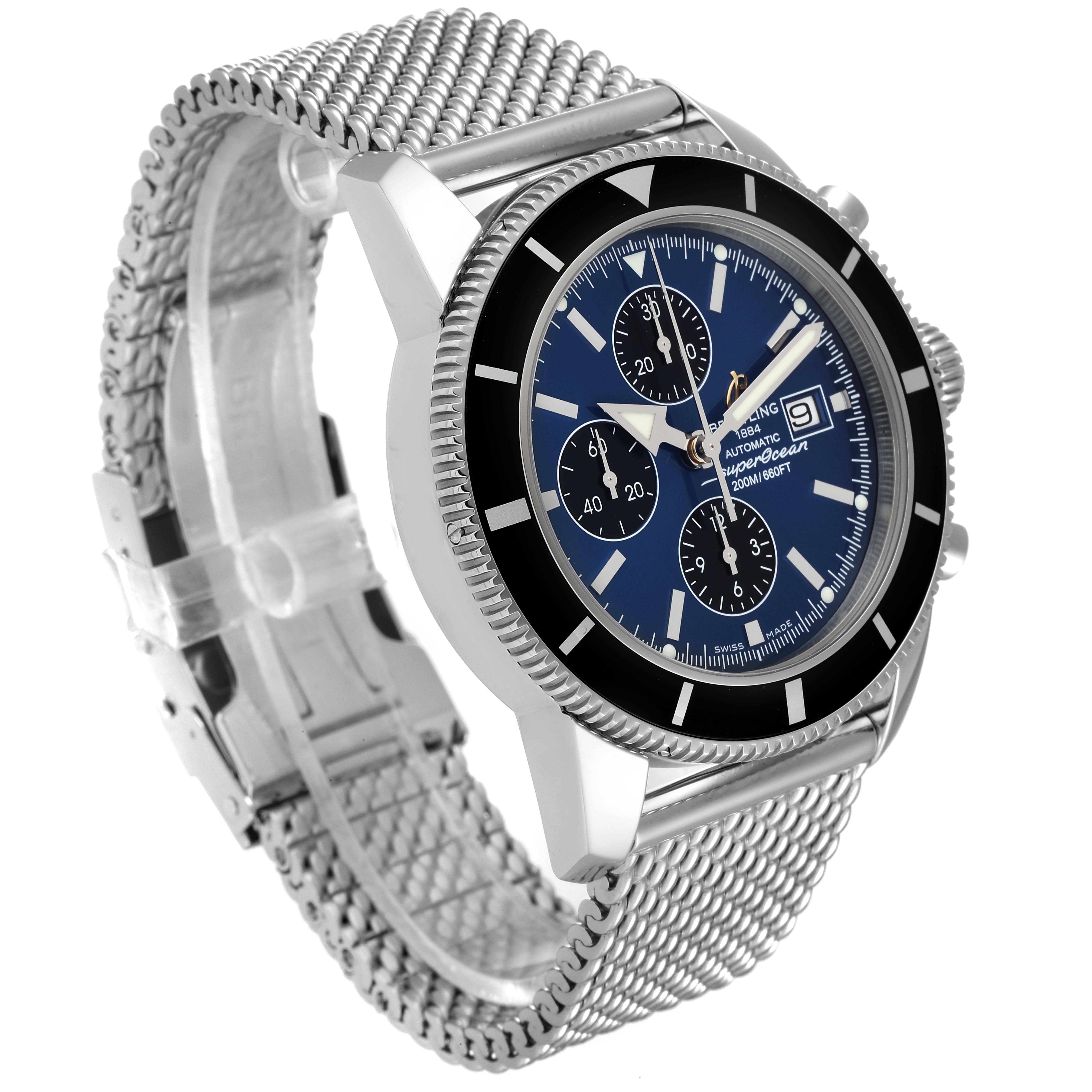 The Breitling Superocean A13320 Men's Stainless Steel Blue Dial A13320 Men's Stainless Steel Blue Dial watch is shown at a three-quarter angle, highlighting its face, bezel, and metal mesh strap.
